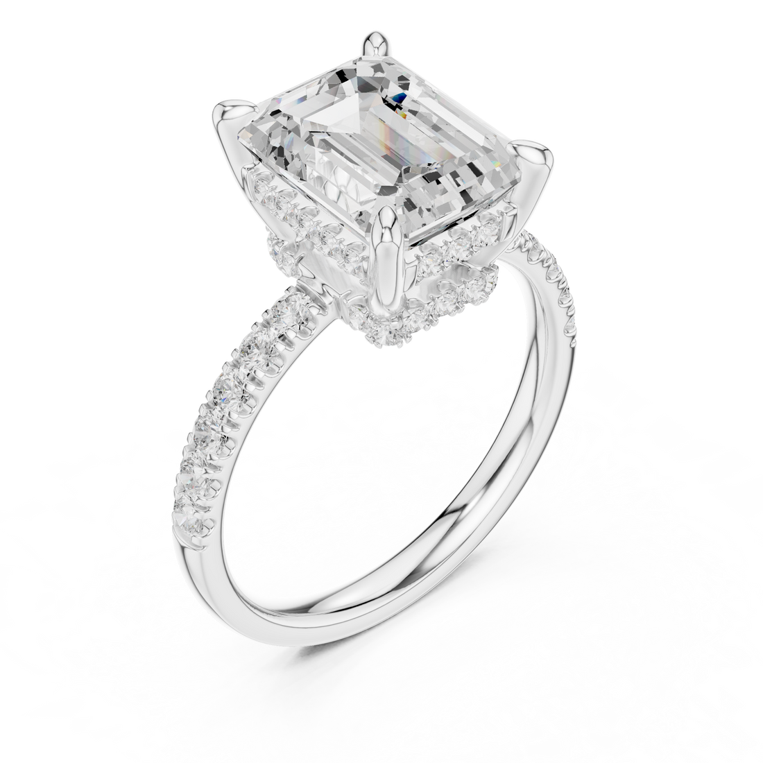 Emerald Cut Solitaire Engagement Ring with Double Hidden Halo and Pavé Diamond Band