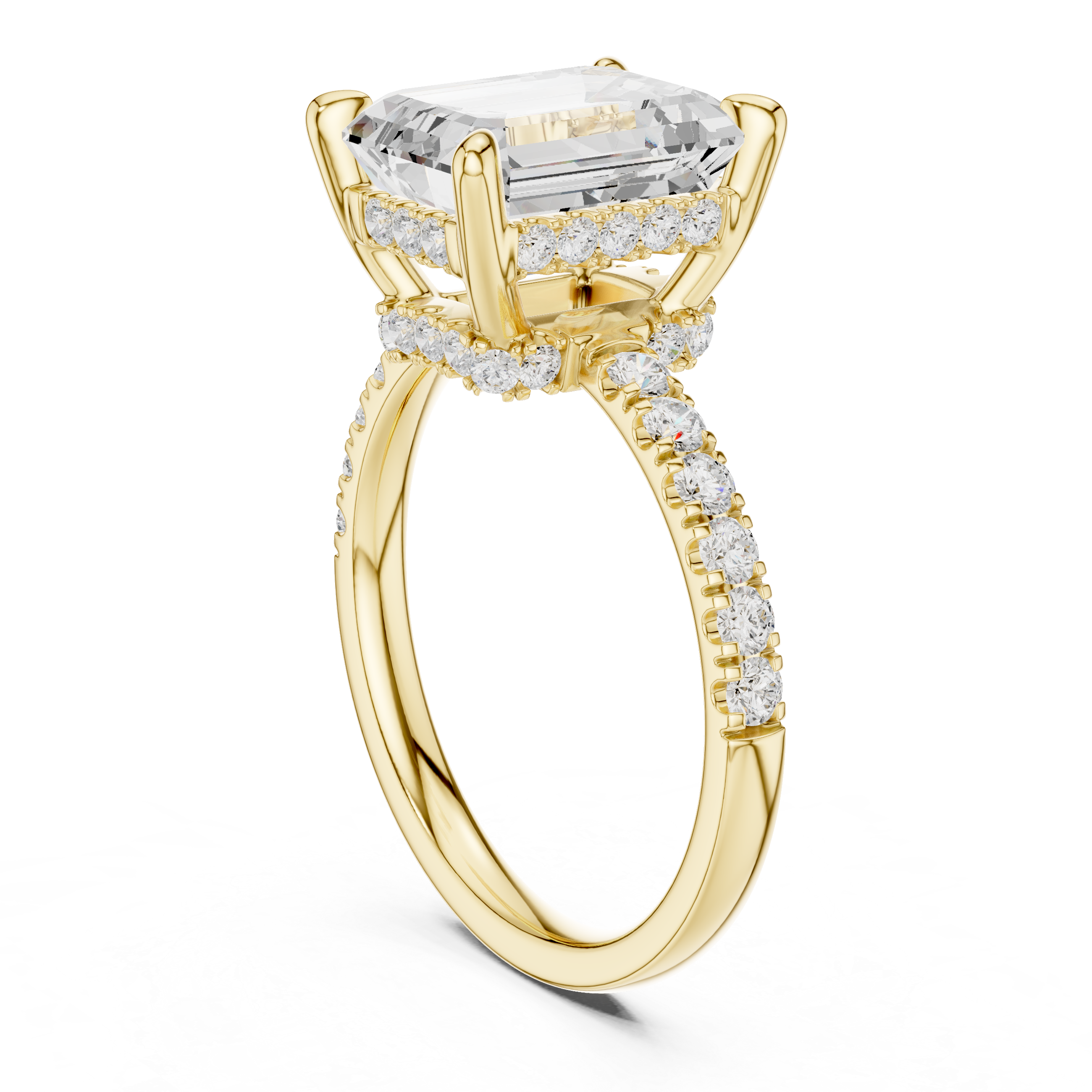 Emerald Cut Solitaire Engagement Ring with Double Hidden Halo and Pavé Diamond Band