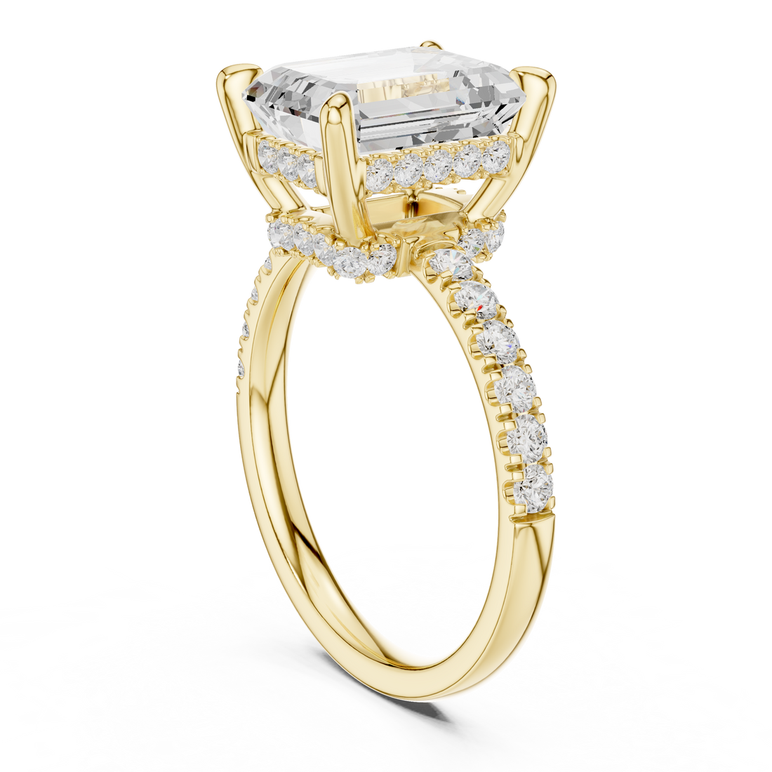 Emerald Cut Solitaire Engagement Ring with Double Hidden Halo and Pavé Diamond Band