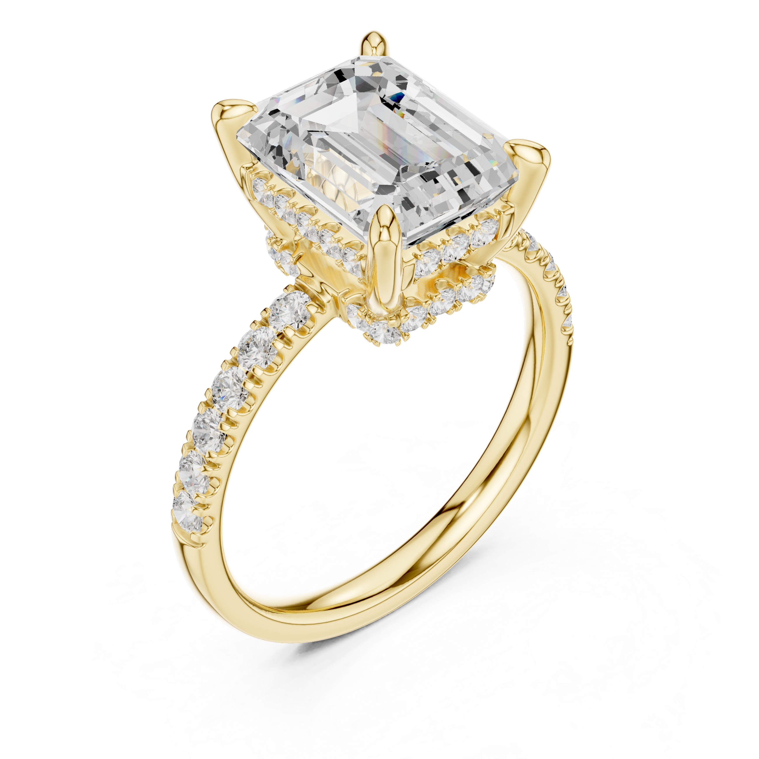 Emerald Cut Solitaire Engagement Ring with Double Hidden Halo and Pavé Diamond Band