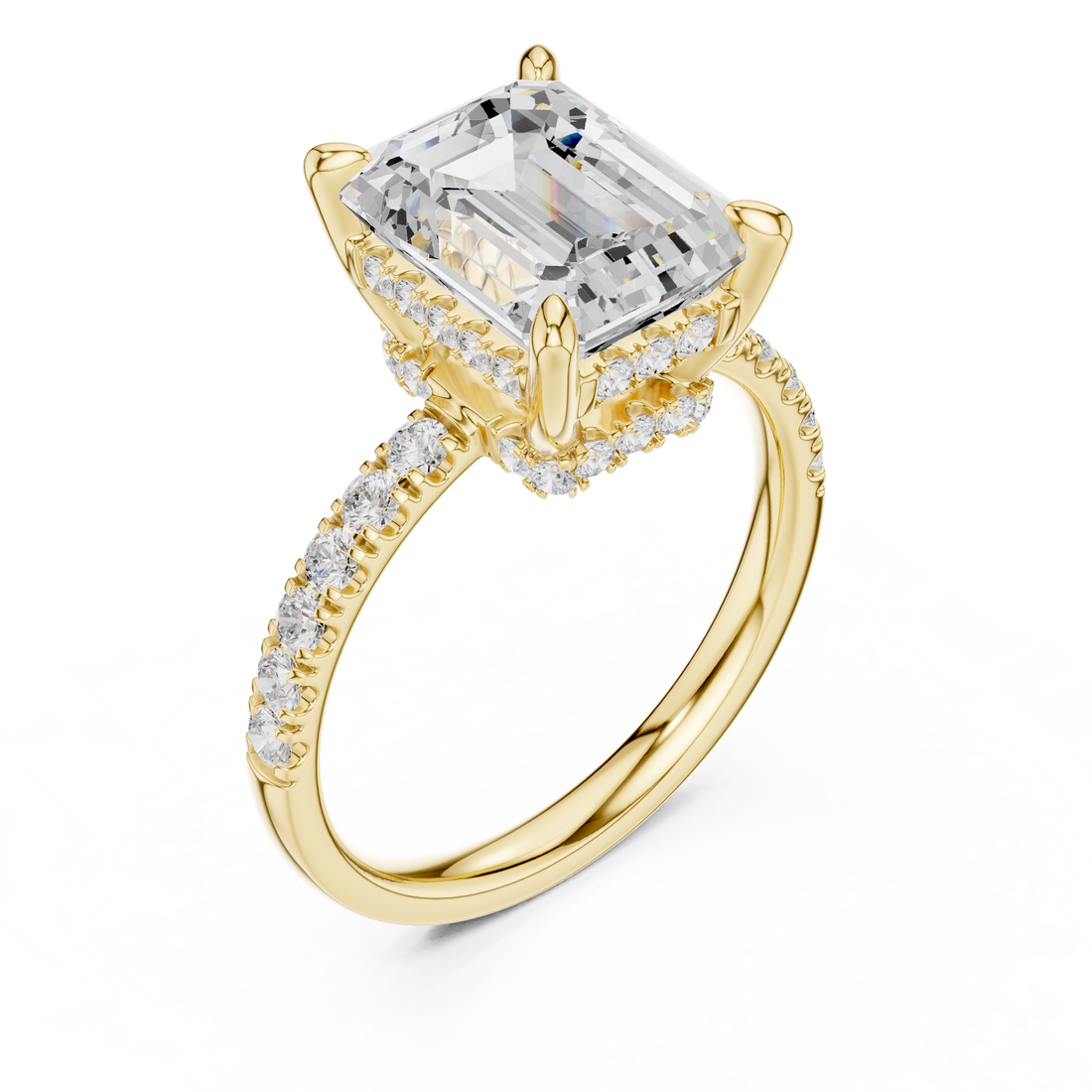 Emerald Cut Solitaire Engagement Ring with Double Hidden Halo and Pavé Diamond Band