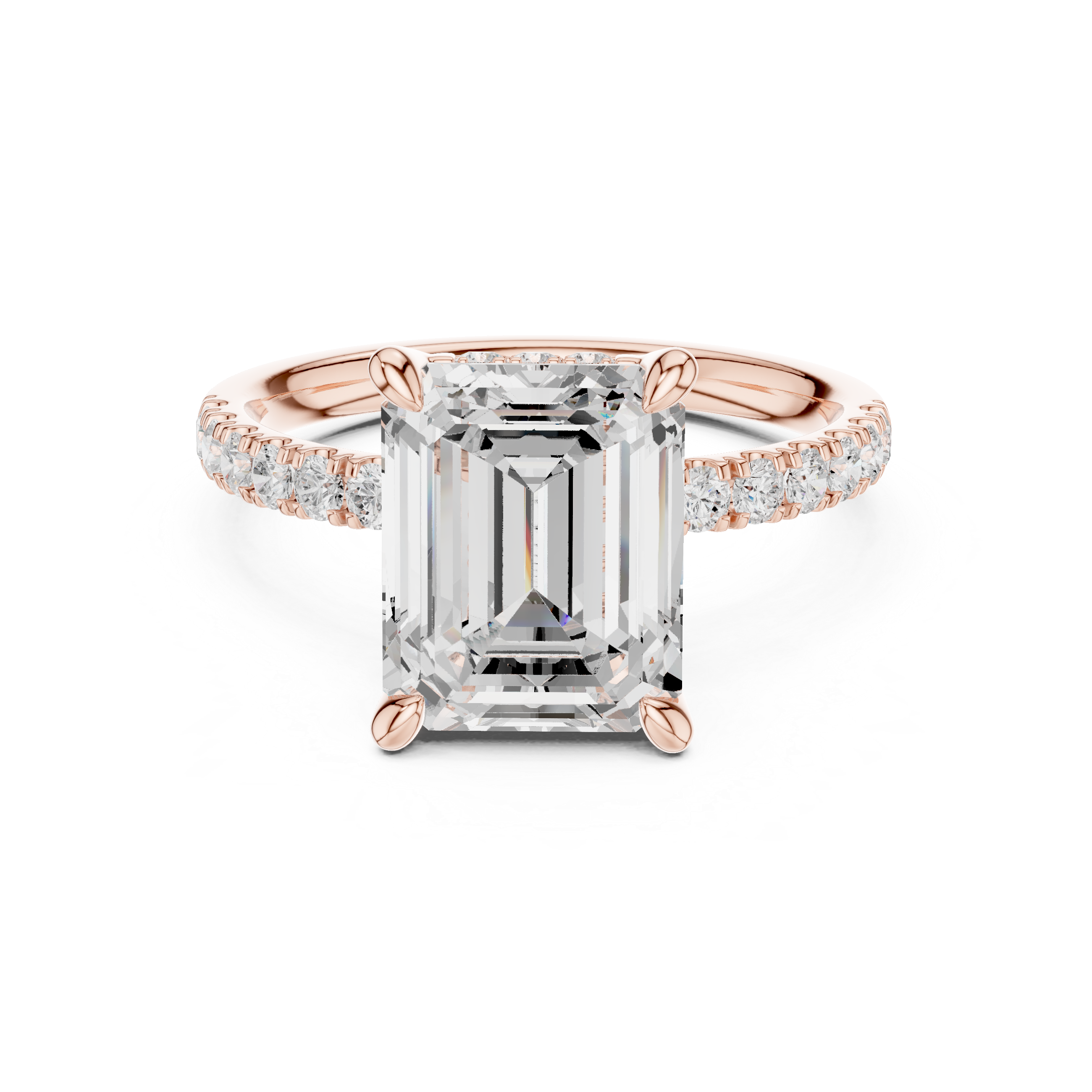Emerald Cut Solitaire Engagement Ring with Double Hidden Halo and Pavé Diamond Band