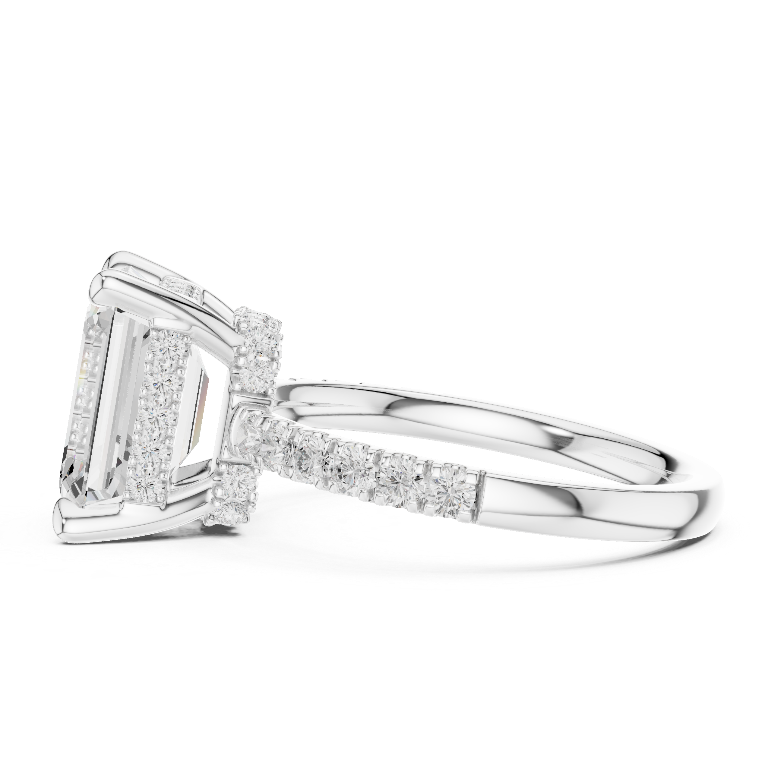 Emerald Cut Solitaire Engagement Ring with Double Hidden Halo and Pavé Diamond Band