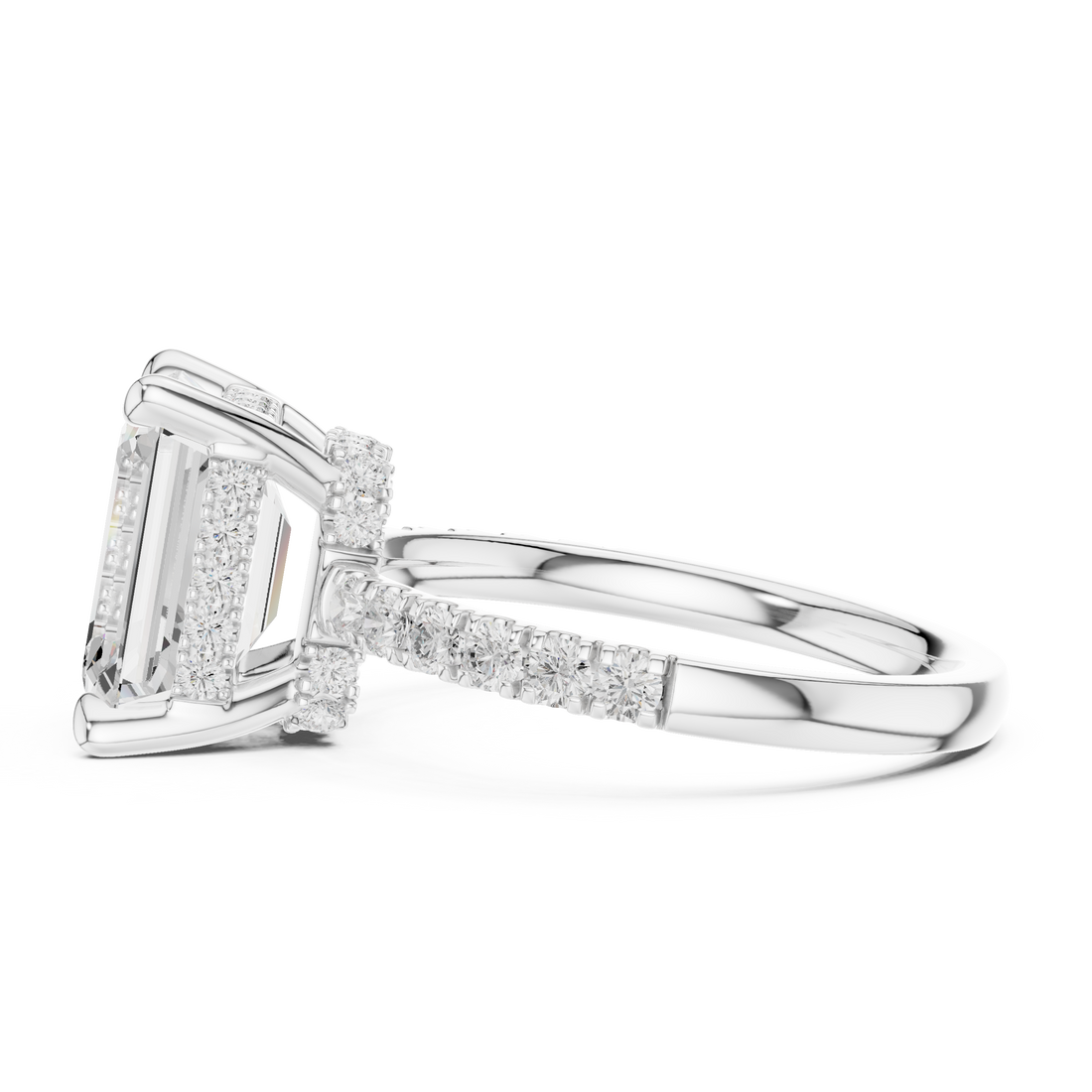 Emerald Cut Solitaire Engagement Ring with Double Hidden Halo and Pavé Diamond Band