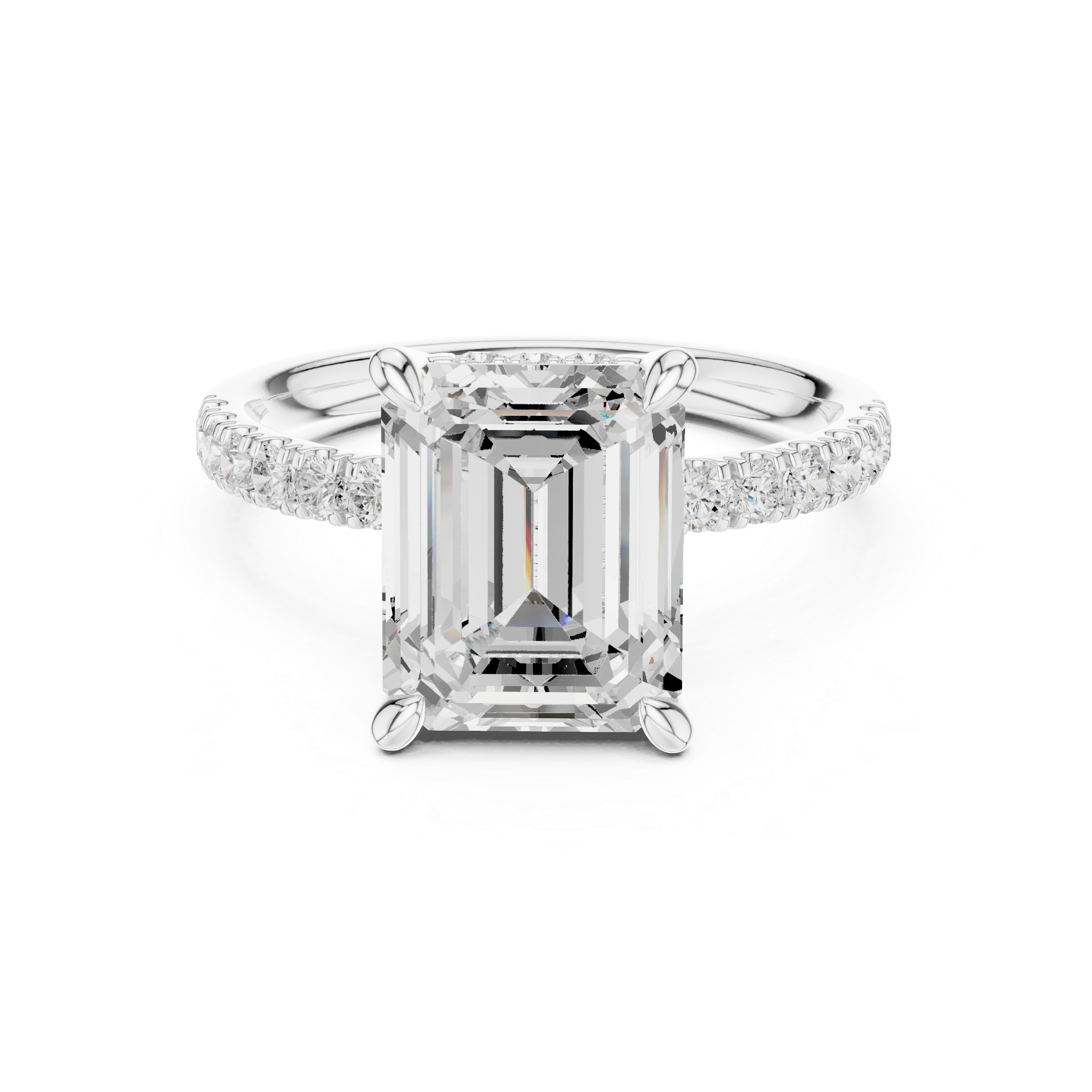 Emerald Cut Solitaire Engagement Ring with Double Hidden Halo and Pavé Diamond Band
