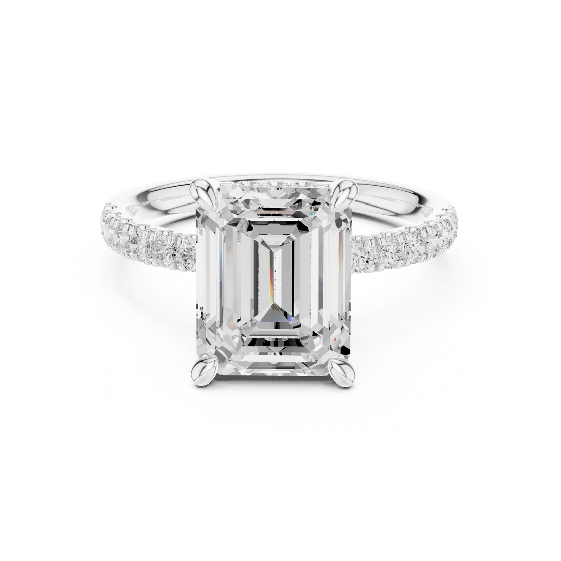 Emerald Cut Solitaire Engagement Ring with Double Hidden Halo and Pavé Diamond Band