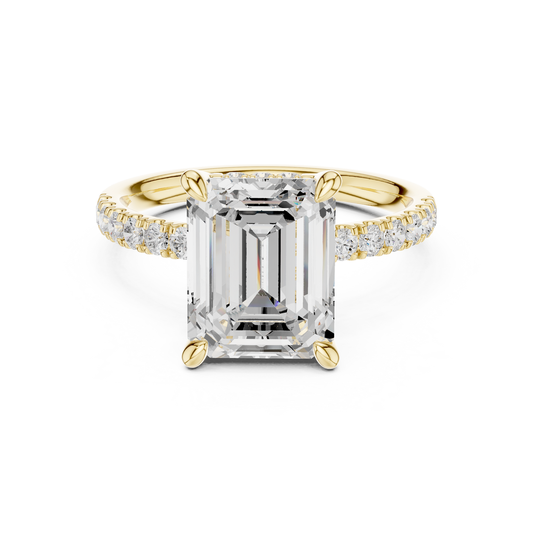 Emerald Cut Solitaire Engagement Ring with Double Hidden Halo and Pavé Diamond Band