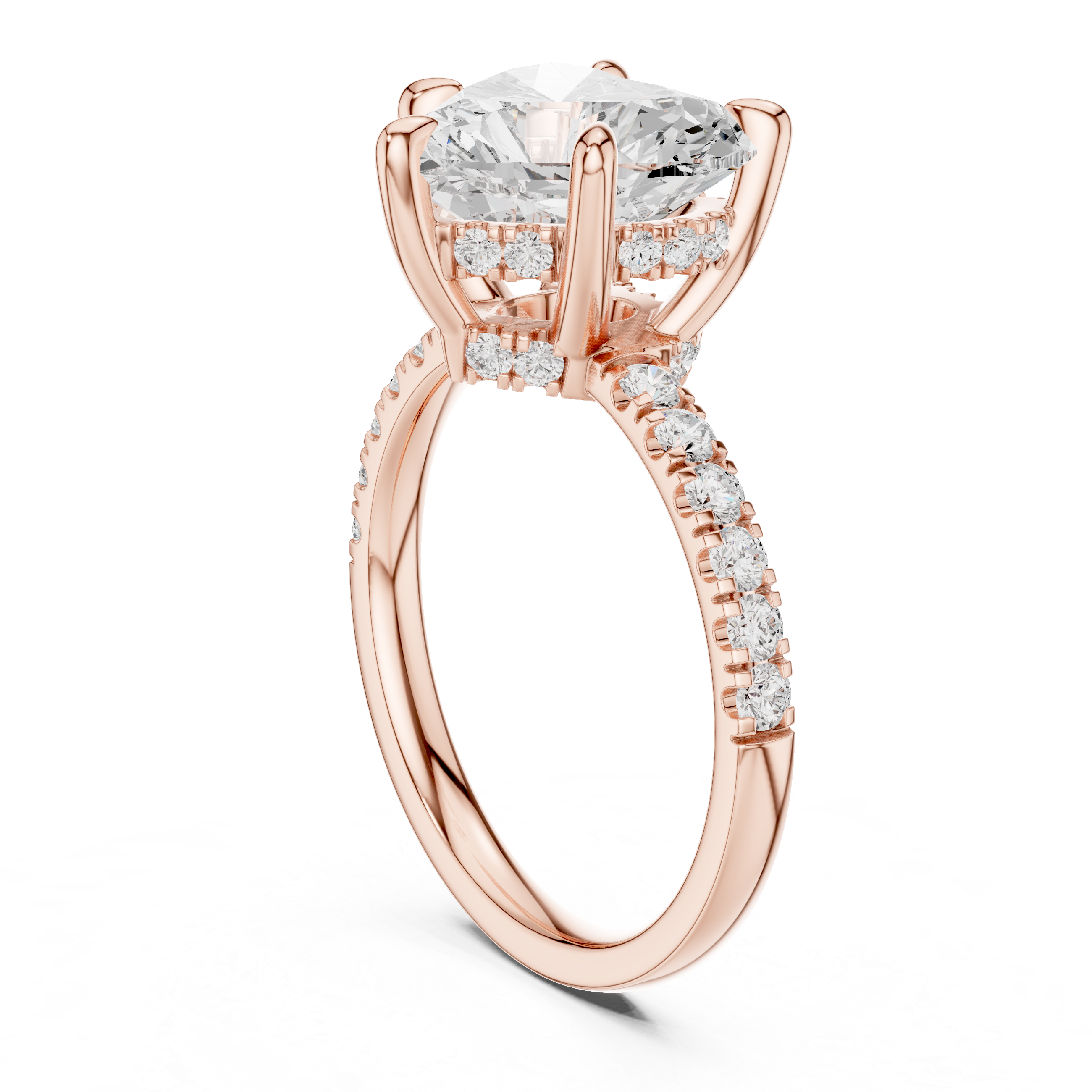 Heart Cut Solitaire Engagement Ring with Double Hidden Halo and Pavé Diamond Band