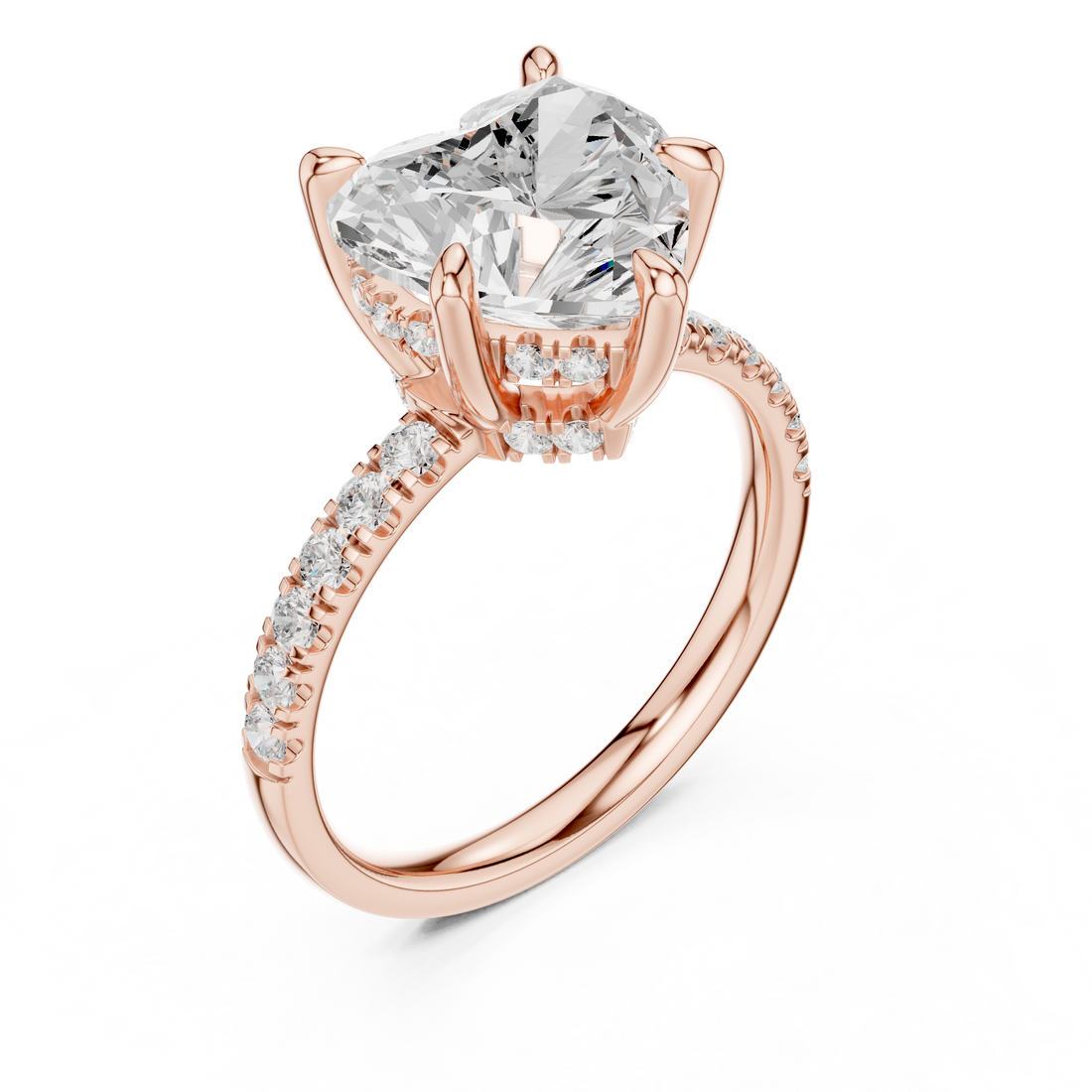 Heart Cut Solitaire Engagement Ring with Double Hidden Halo and Pavé Diamond Band