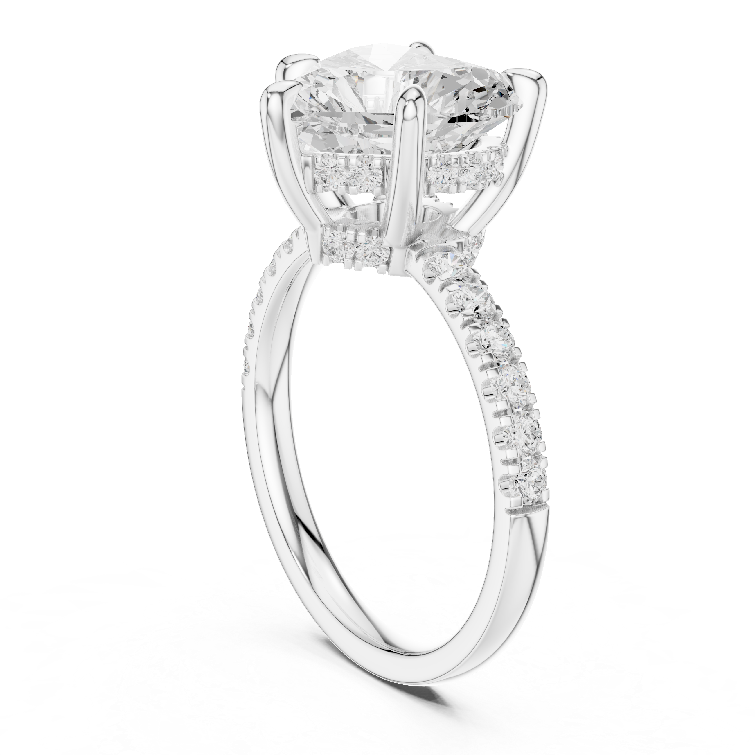 Heart Cut Solitaire Engagement Ring with Double Hidden Halo and Pavé Diamond Band