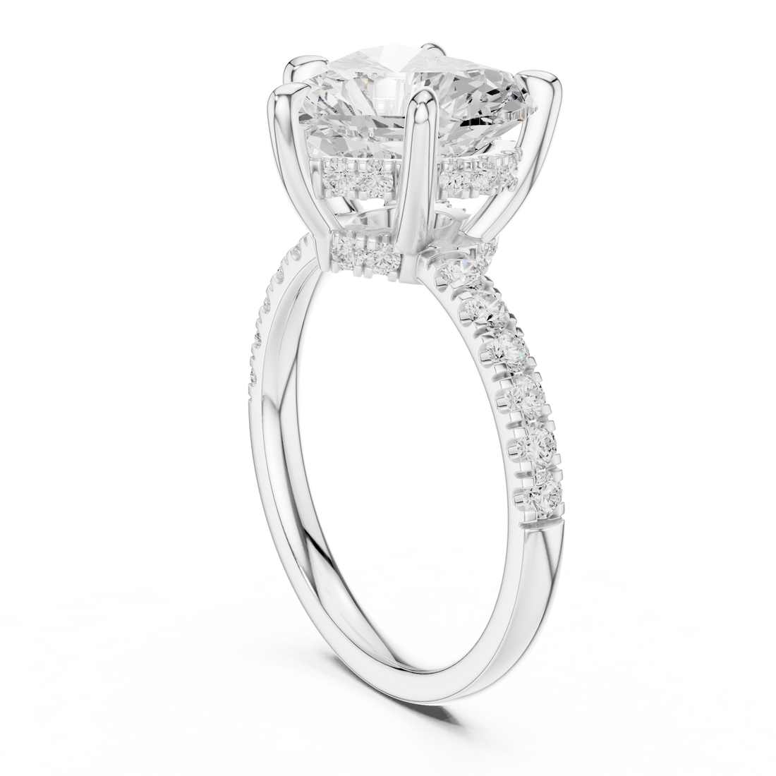 Heart Cut Solitaire Engagement Ring with Double Hidden Halo and Pavé Diamond Band