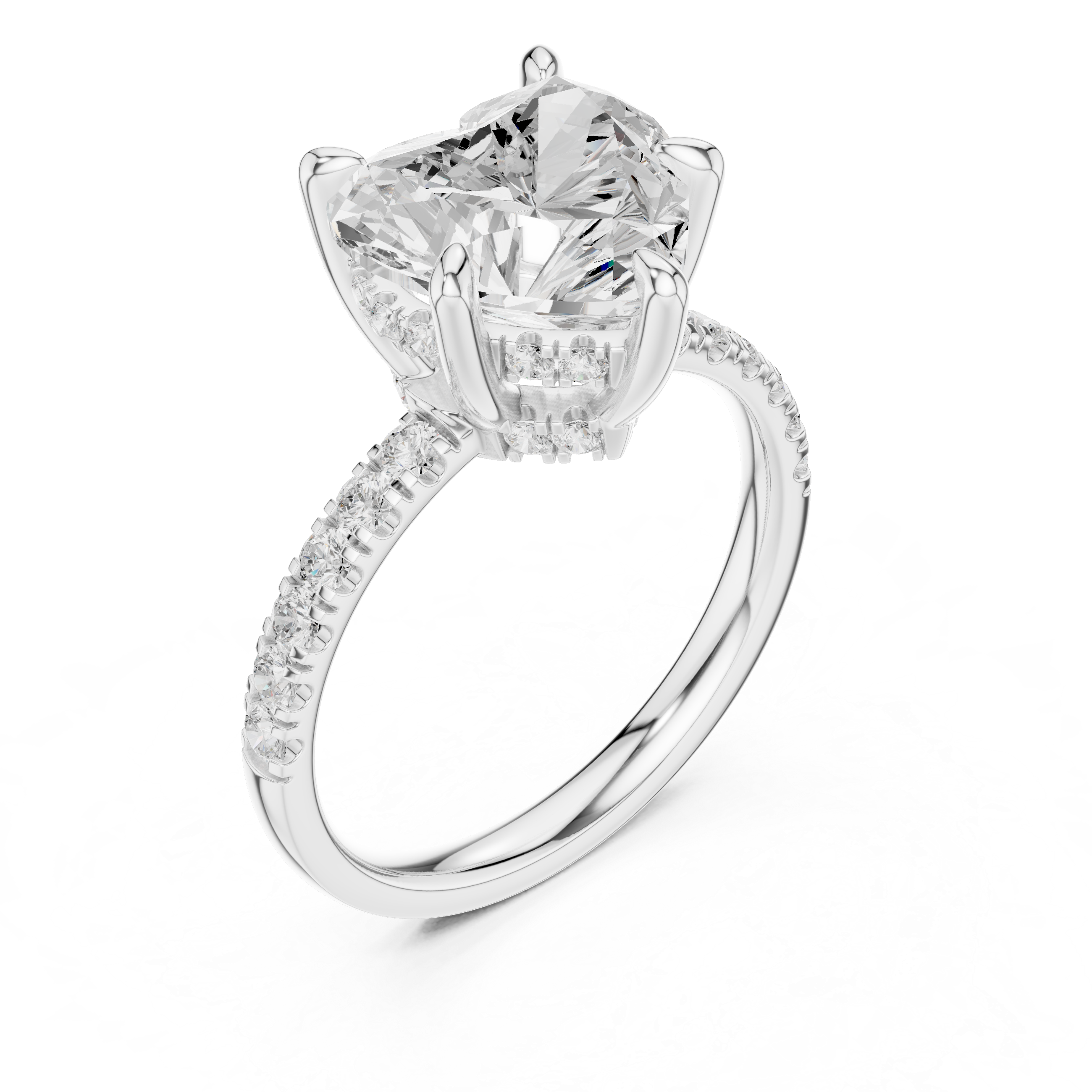 Heart Cut Solitaire Engagement Ring with Double Hidden Halo and Pavé Diamond Band