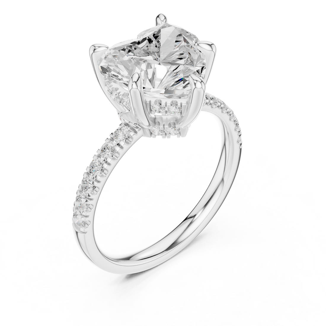 Heart Cut Solitaire Engagement Ring with Double Hidden Halo and Pavé Diamond Band
