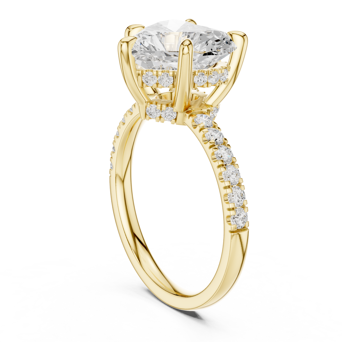 Heart Cut Solitaire Engagement Ring with Double Hidden Halo and Pavé Diamond Band