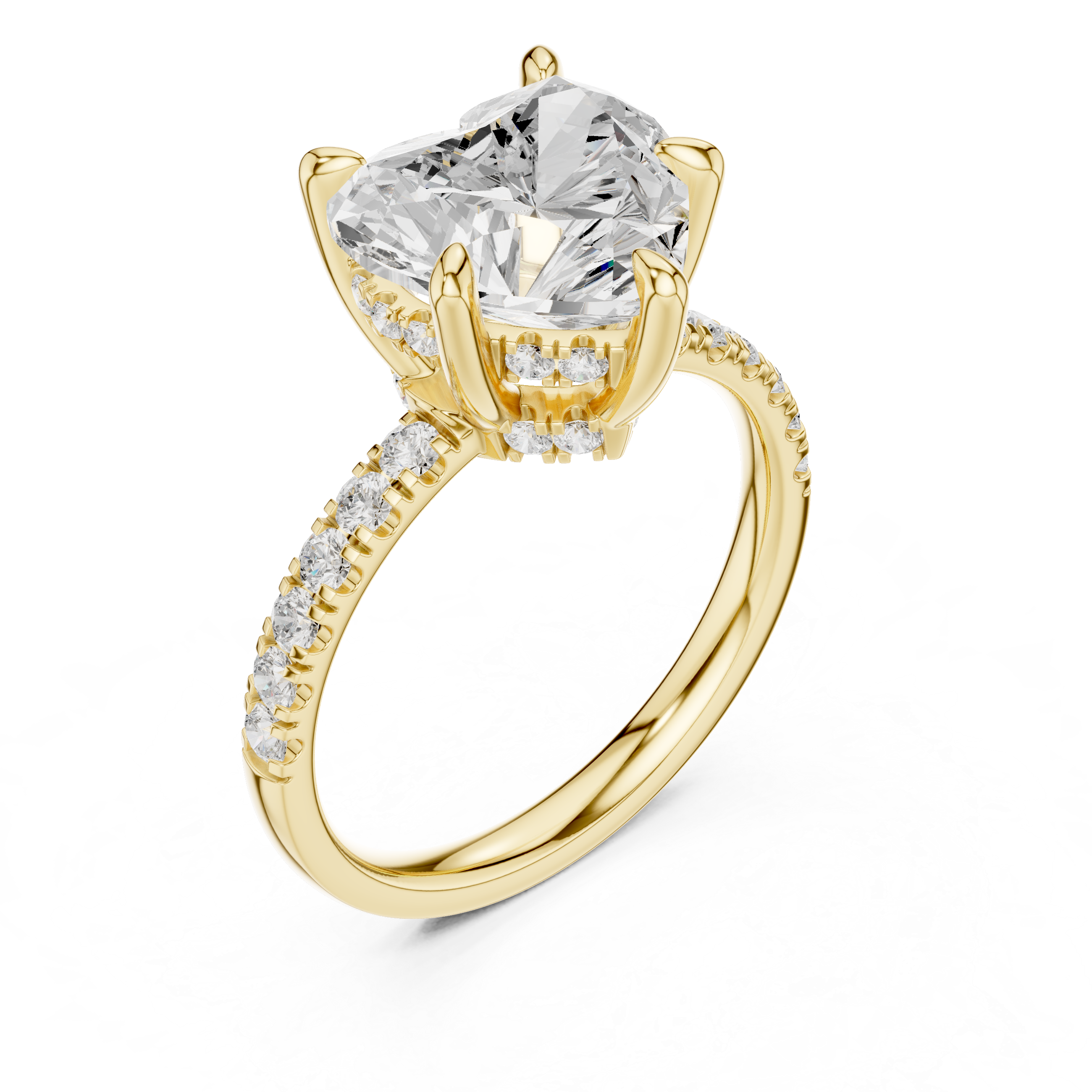 Heart Cut Solitaire Engagement Ring with Double Hidden Halo and Pavé Diamond Band