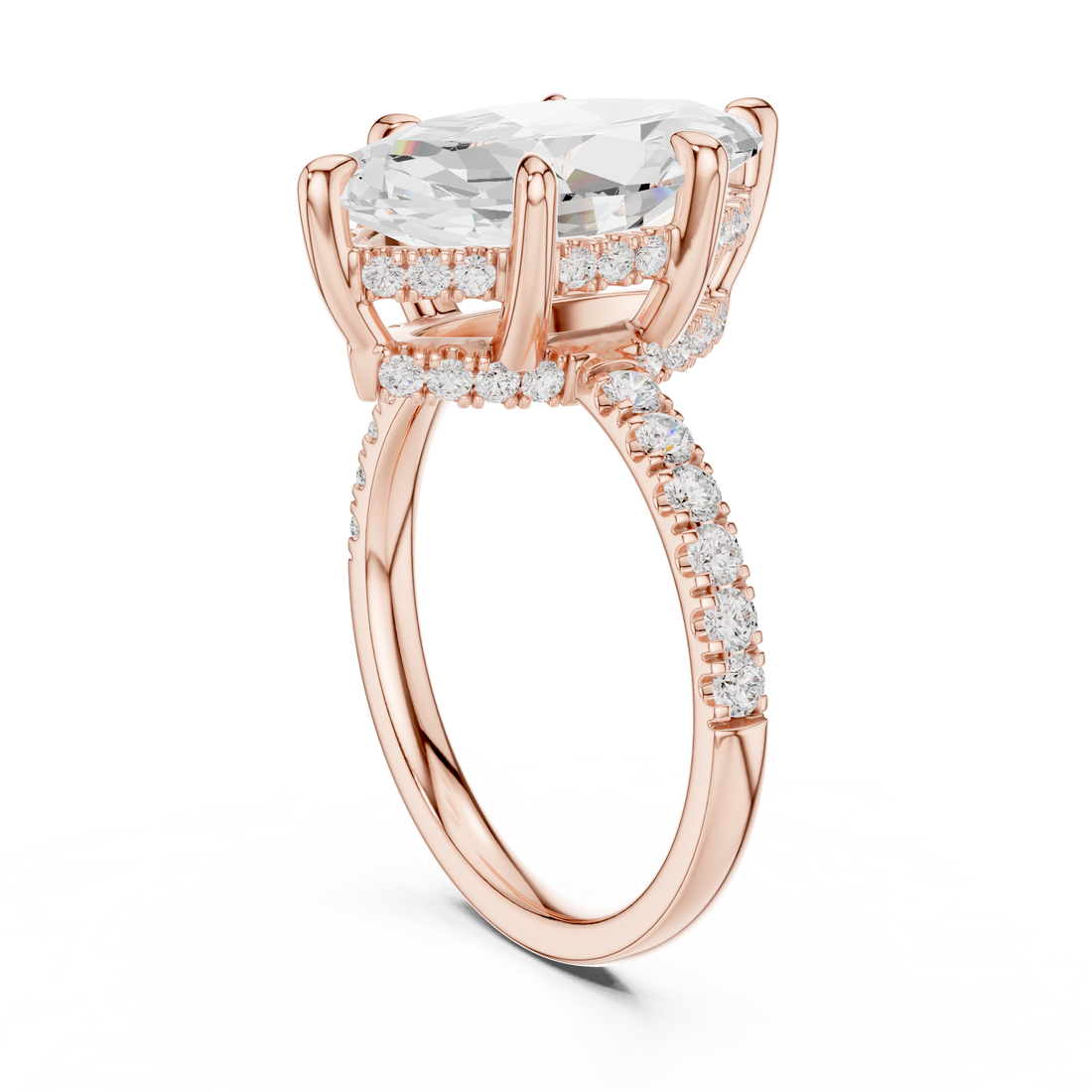 Marquise Cut Solitaire Engagement Ring with Double Hidden Halo and Pavé Diamond Band