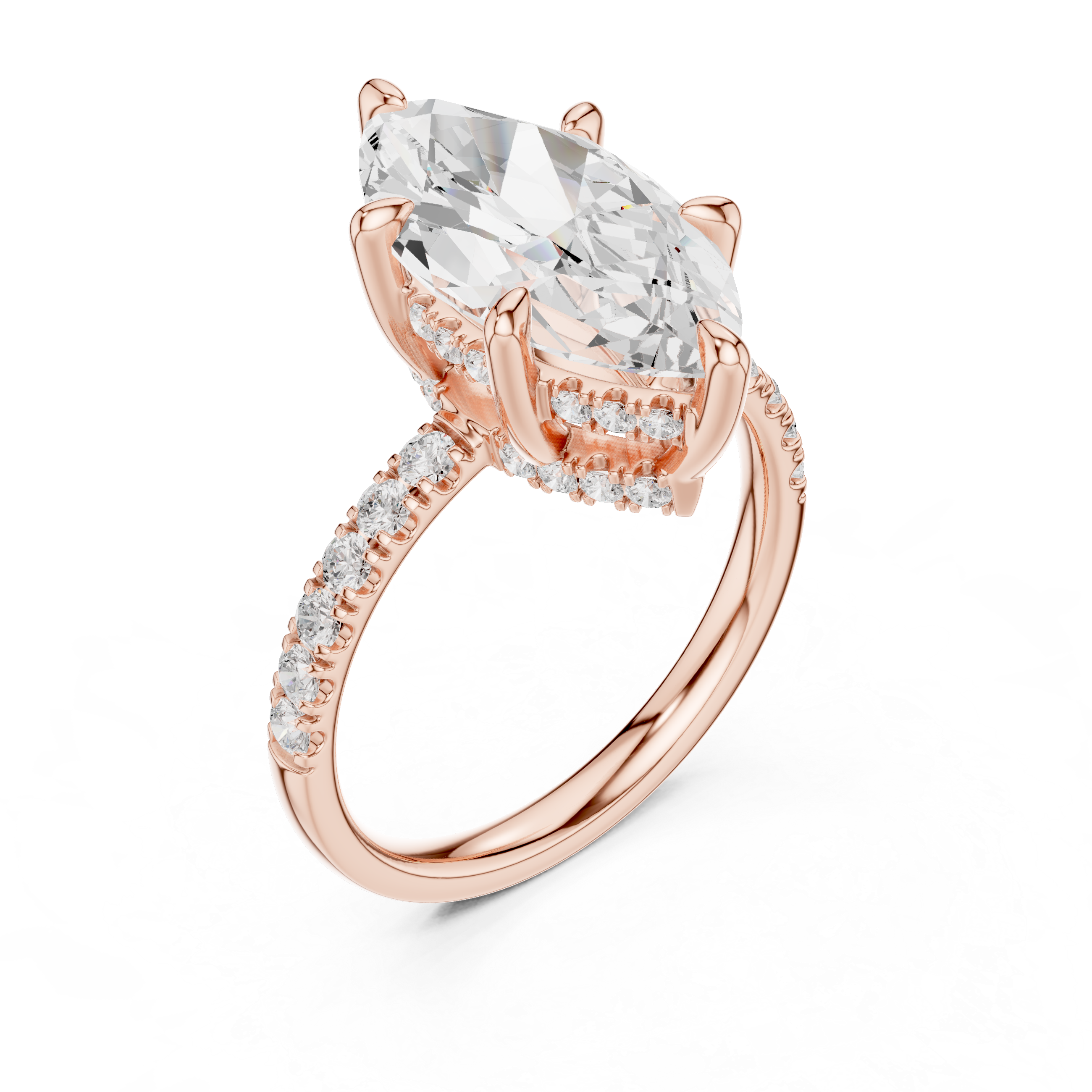 Marquise Cut Solitaire Engagement Ring with Double Hidden Halo and Pavé Diamond Band