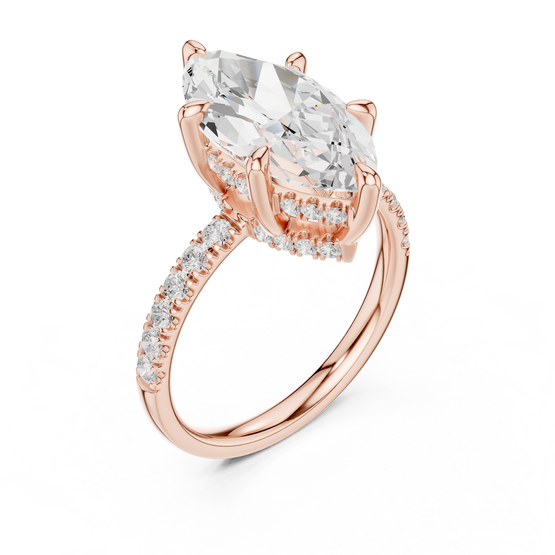 Marquise Cut Solitaire Engagement Ring with Double Hidden Halo and Pavé Diamond Band