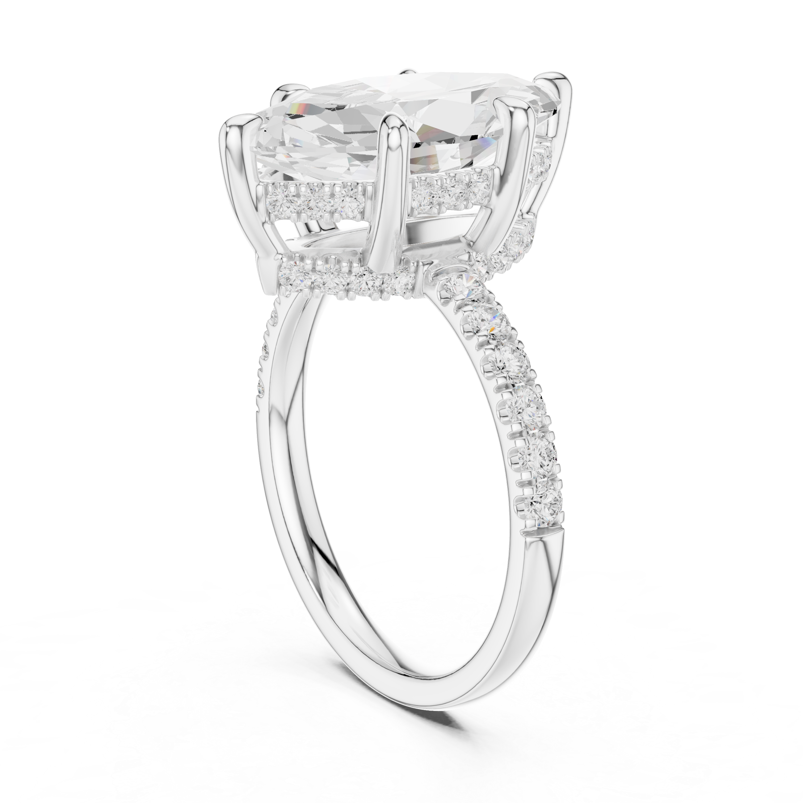Marquise Cut Solitaire Engagement Ring with Double Hidden Halo and Pavé Diamond Band