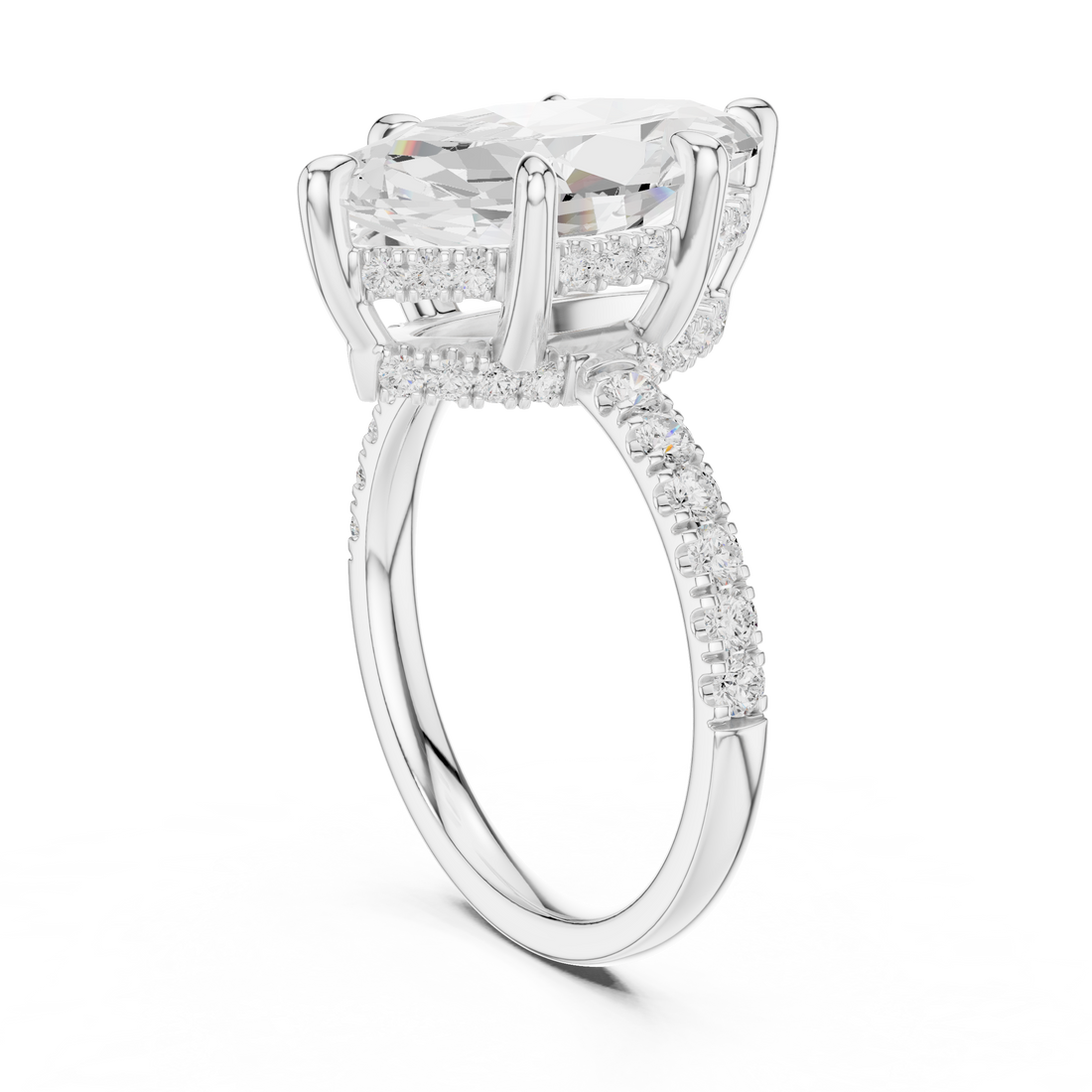 Marquise Cut Solitaire Engagement Ring with Double Hidden Halo and Pavé Diamond Band