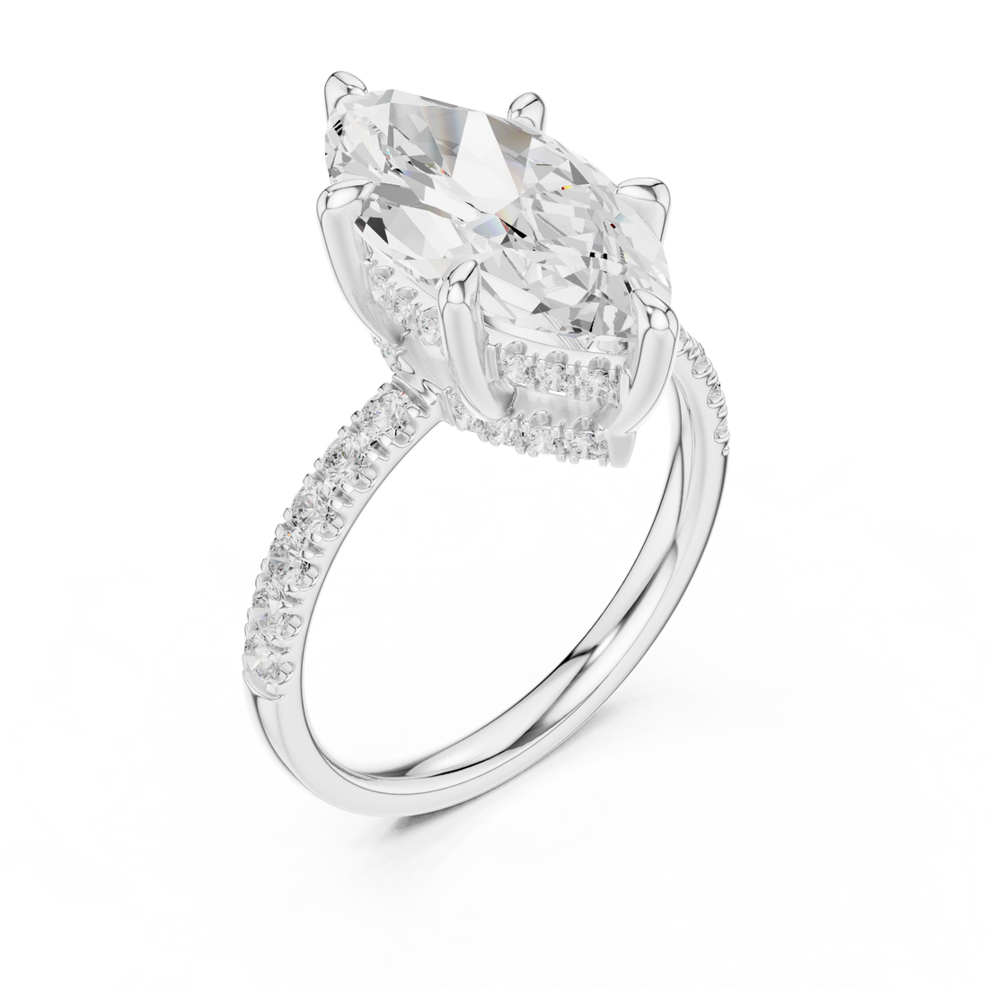 Marquise Cut Solitaire Engagement Ring with Double Hidden Halo and Pavé Diamond Band
