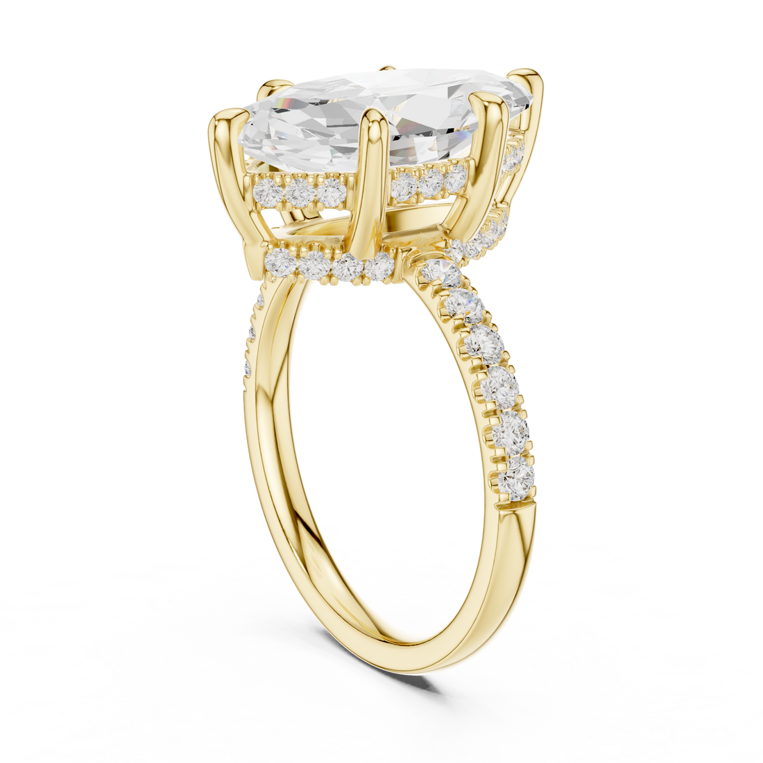 Marquise Cut Solitaire Engagement Ring with Double Hidden Halo and Pavé Diamond Band