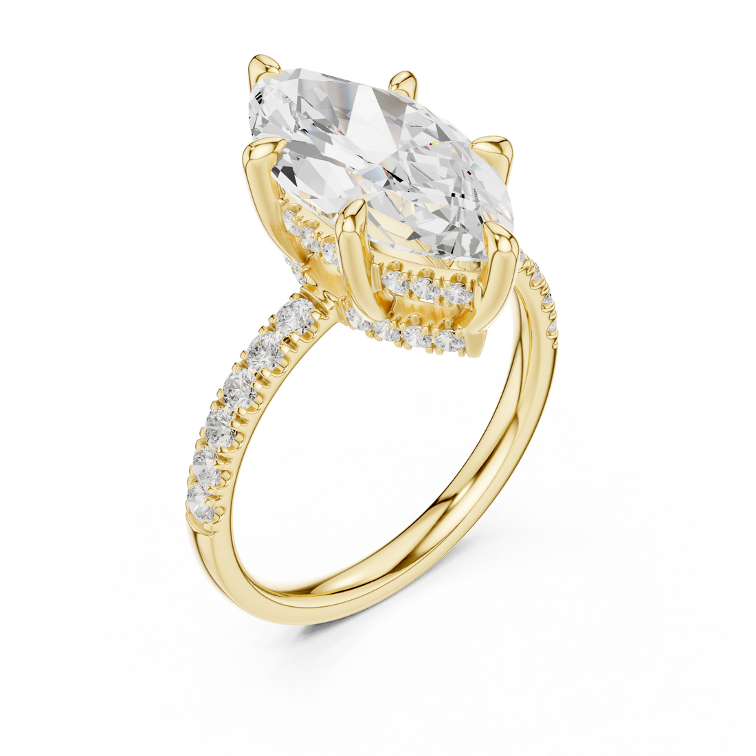 Marquise Cut Solitaire Engagement Ring with Double Hidden Halo and Pavé Diamond Band