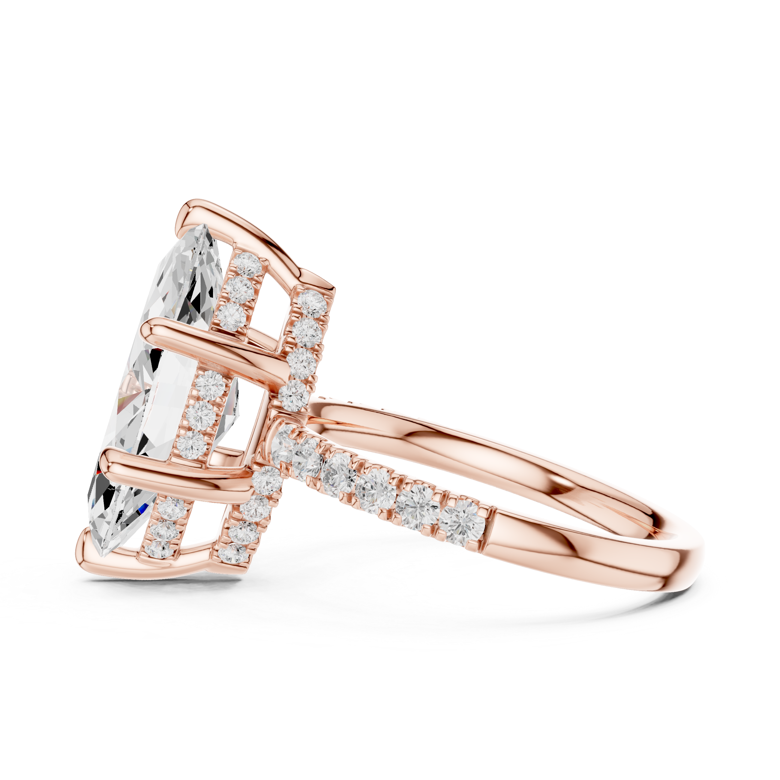 Marquise Cut Solitaire Engagement Ring with Double Hidden Halo and Pavé Diamond Band