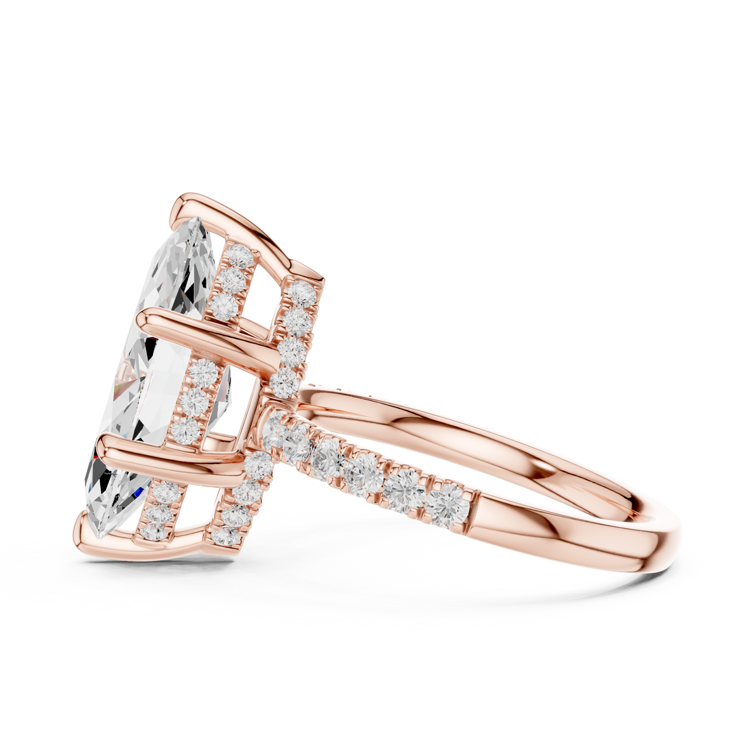 Marquise Cut Solitaire Engagement Ring with Double Hidden Halo and Pavé Diamond Band