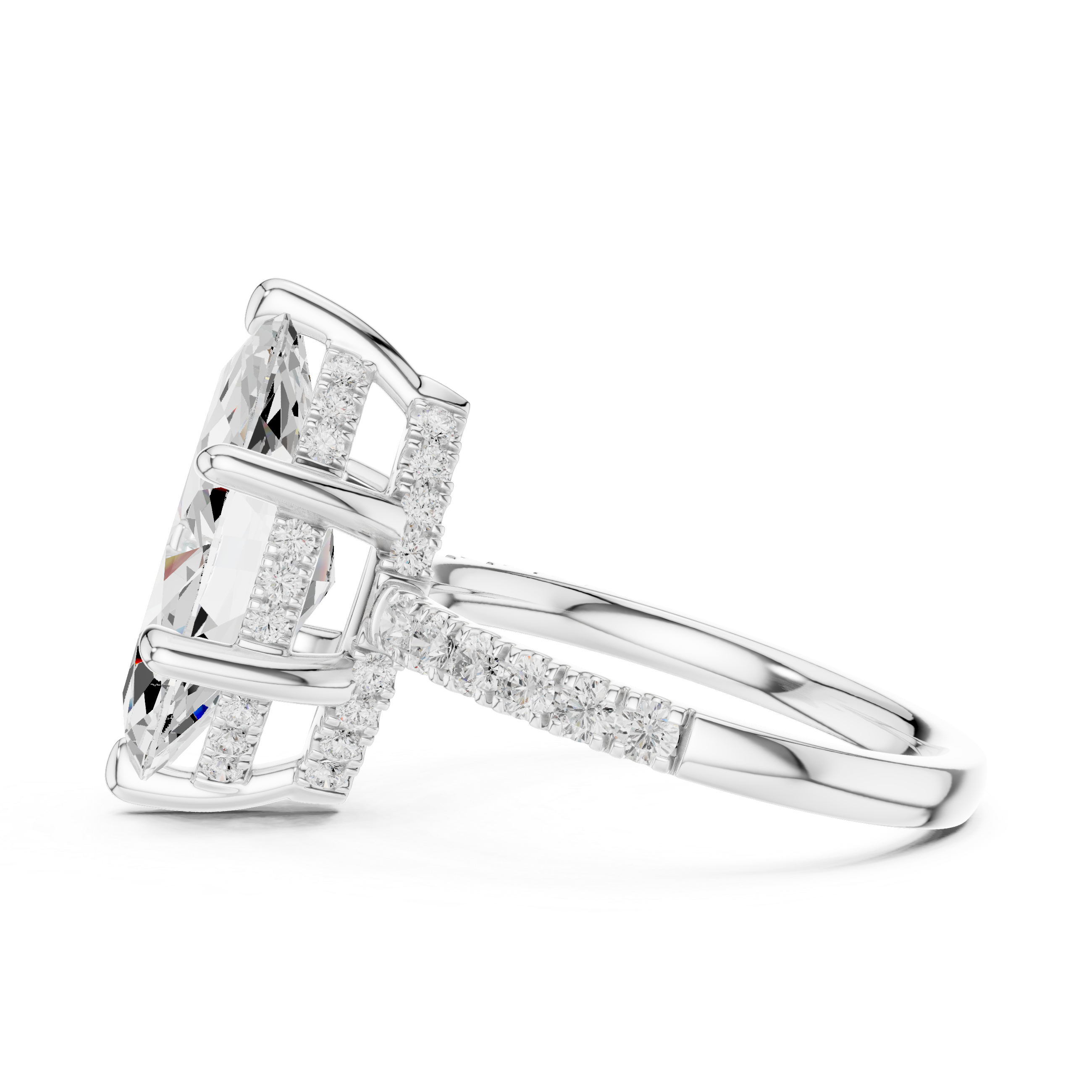 Marquise Cut Solitaire Engagement Ring with Double Hidden Halo and Pavé Diamond Band