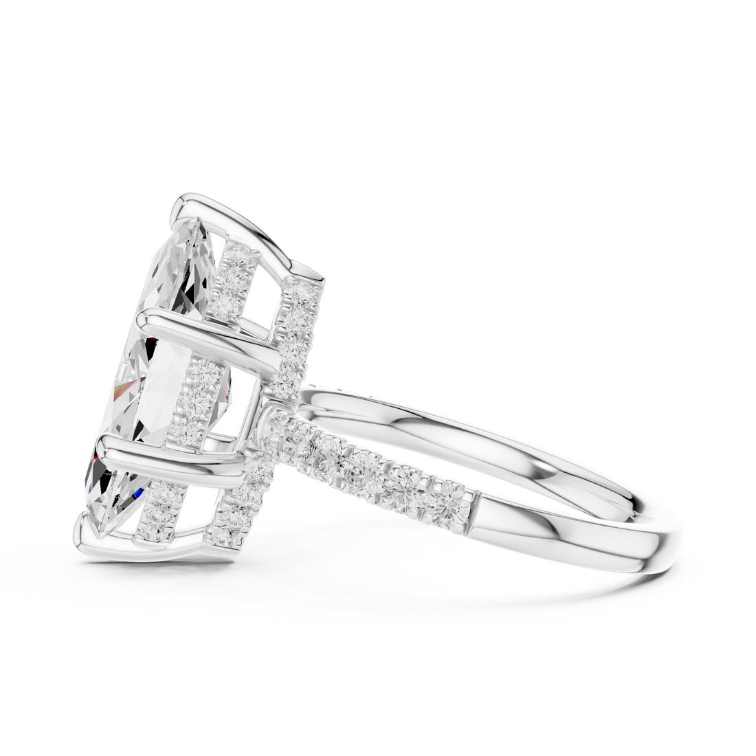 Marquise Cut Solitaire Engagement Ring with Double Hidden Halo and Pavé Diamond Band