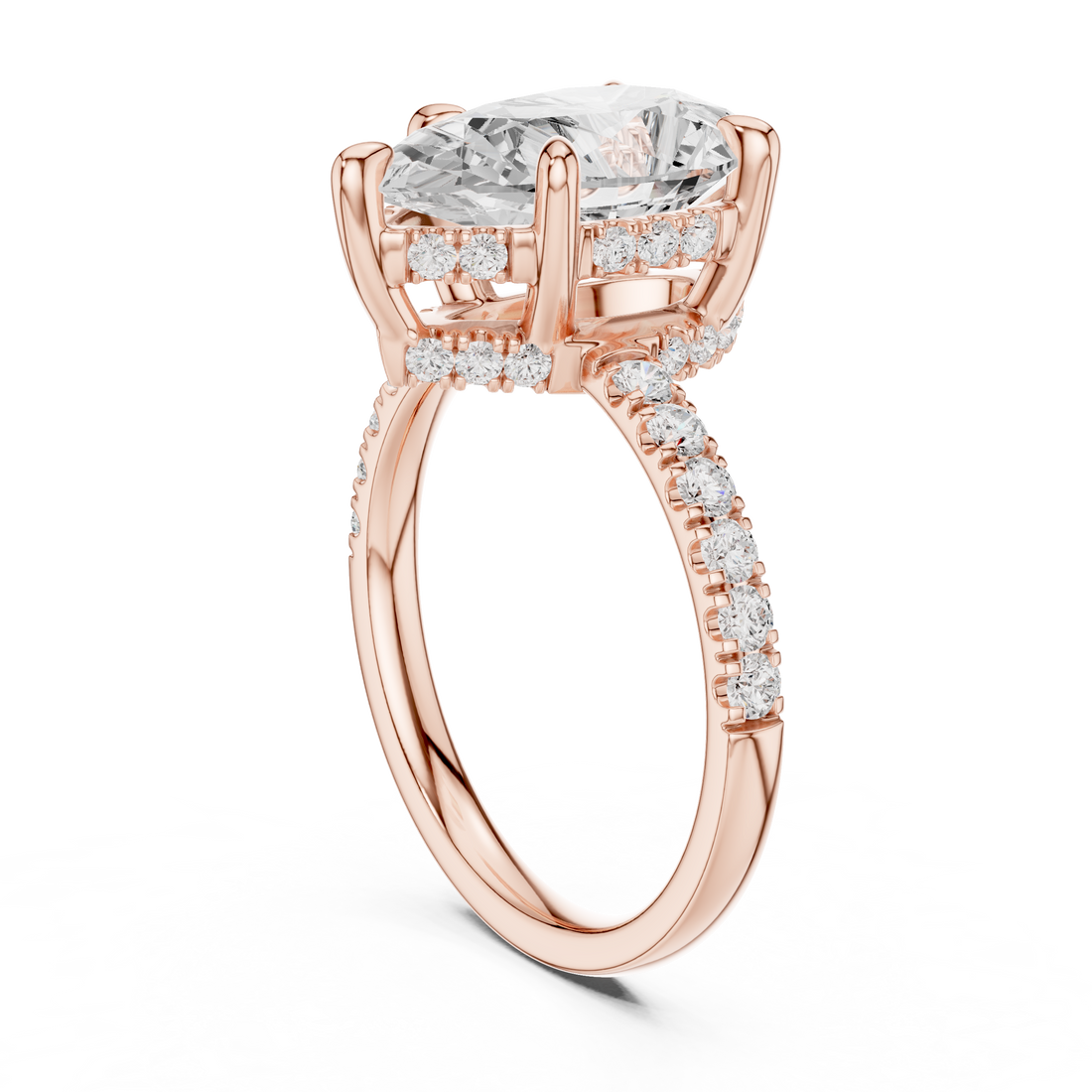 Pear Cut Solitaire Engagement Ring with Double Hidden Halo and Pavé Diamond Band
