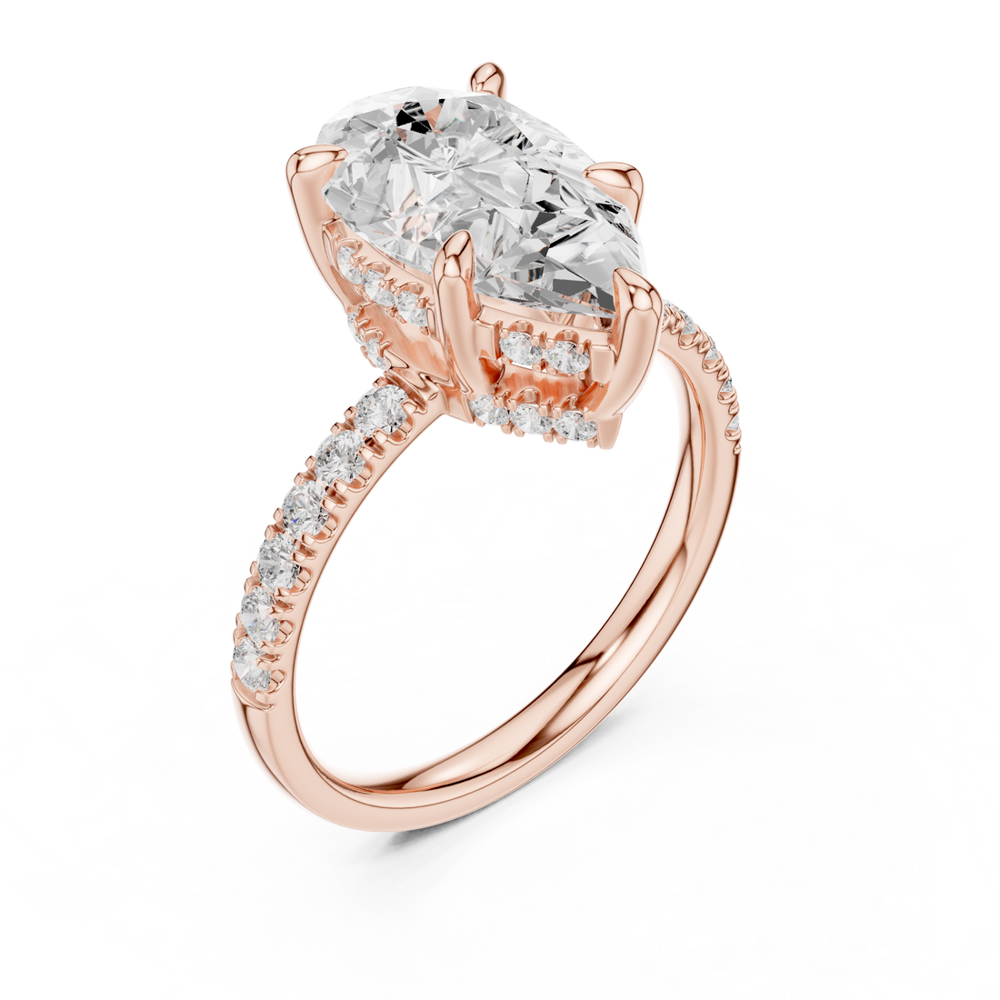Pear Cut Solitaire Engagement Ring with Double Hidden Halo and Pavé Diamond Band