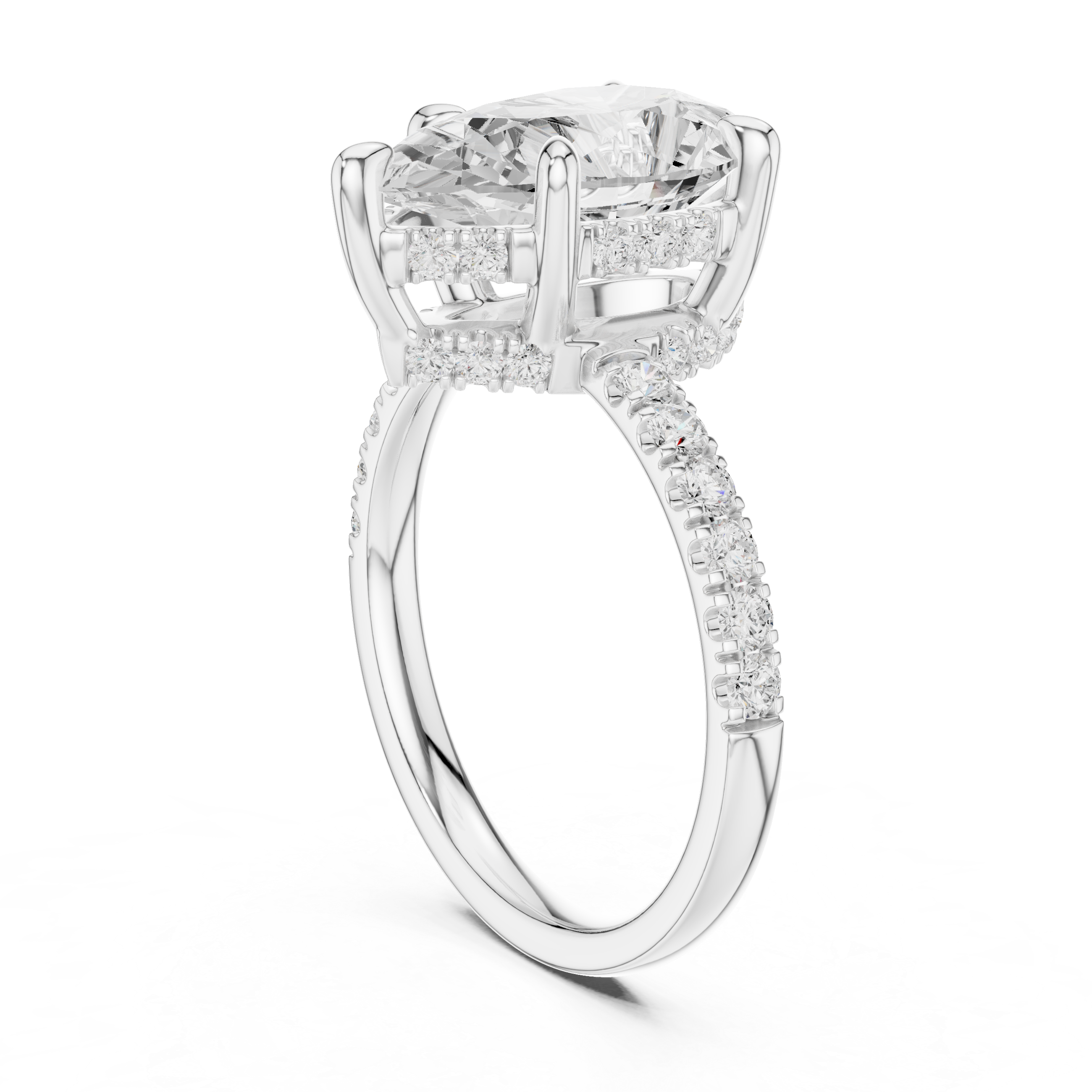 Pear Cut Solitaire Engagement Ring with Double Hidden Halo and Pavé Diamond Band