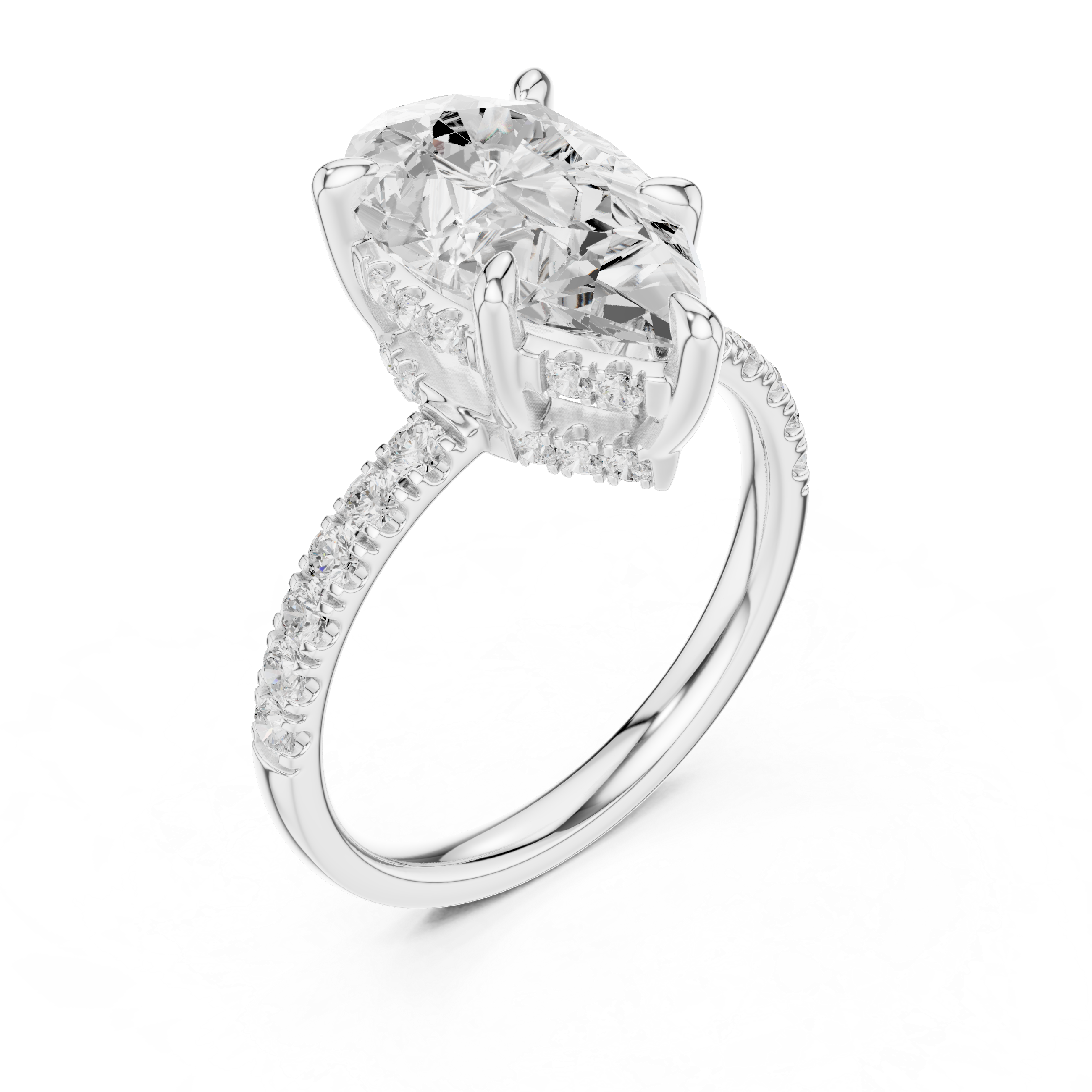 Pear Cut Solitaire Engagement Ring with Double Hidden Halo and Pavé Diamond Band