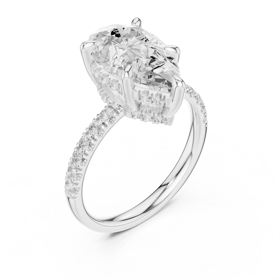 Pear Cut Solitaire Engagement Ring with Double Hidden Halo and Pavé Diamond Band