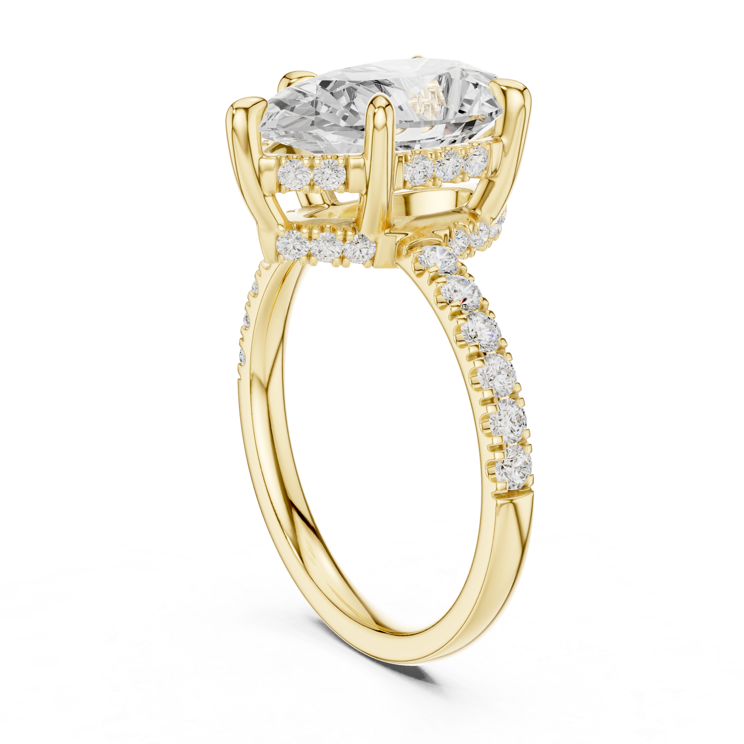 Pear Cut Solitaire Engagement Ring with Double Hidden Halo and Pavé Diamond Band