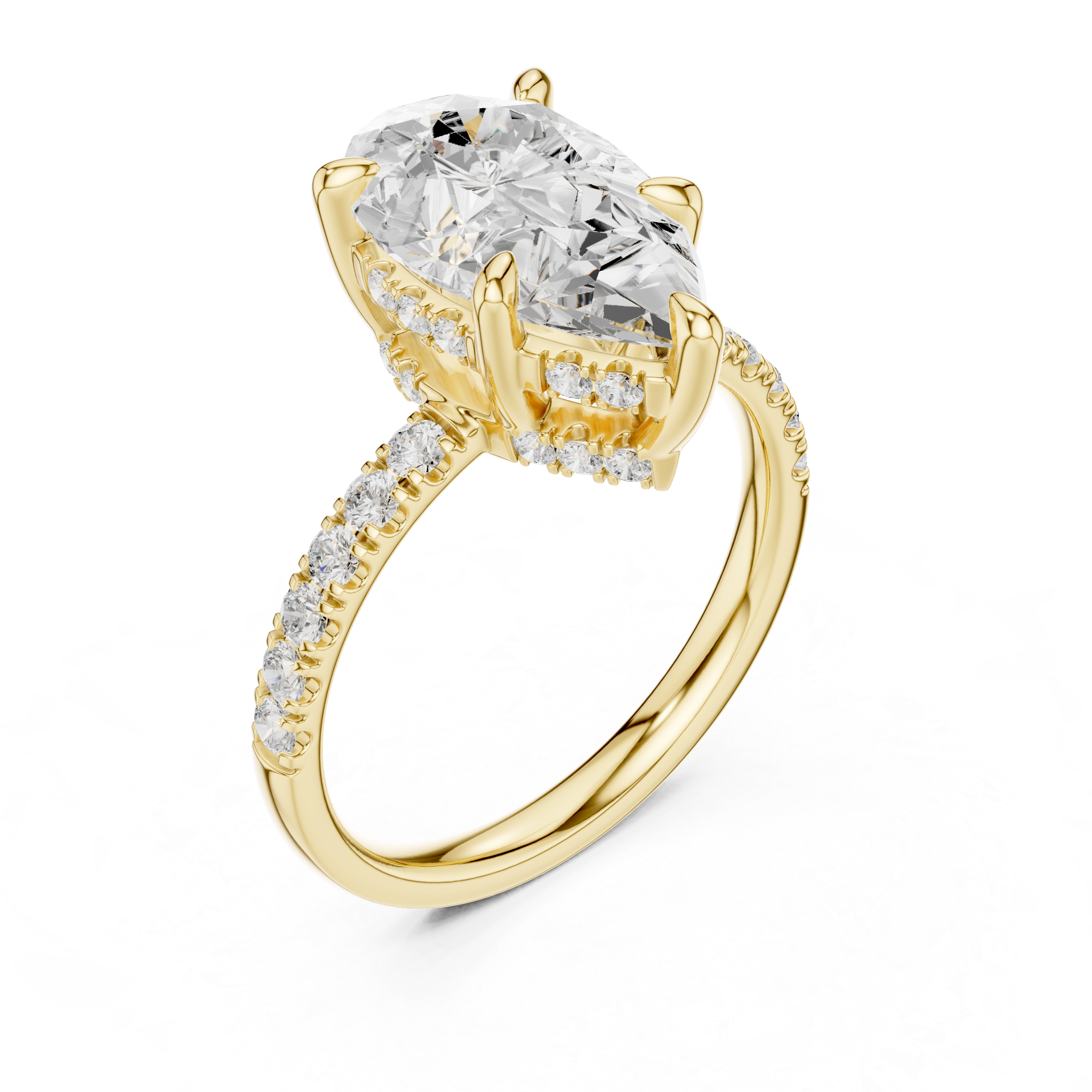 Pear Cut Solitaire Engagement Ring with Double Hidden Halo and Pavé Diamond Band