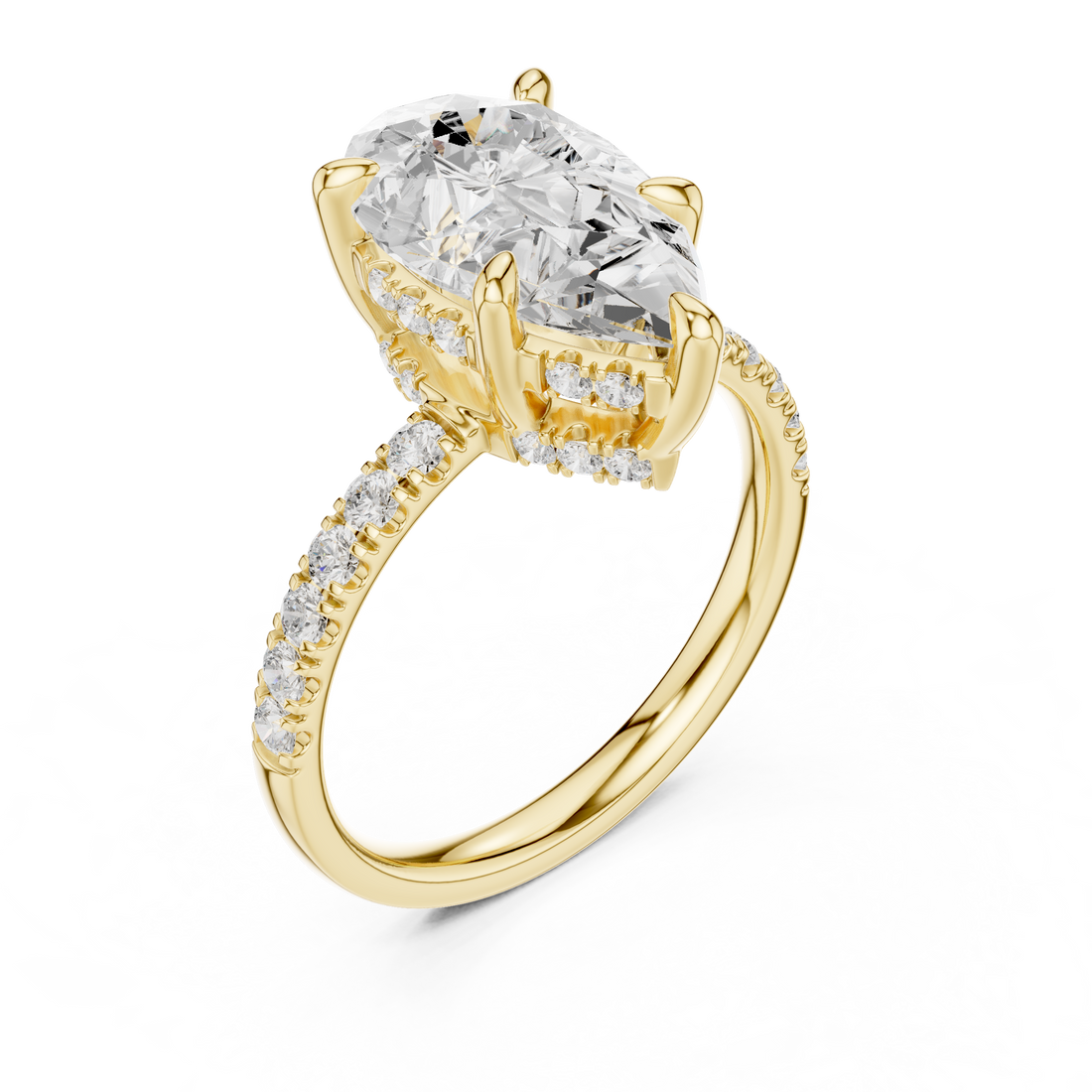 Pear Cut Solitaire Engagement Ring with Double Hidden Halo and Pavé Diamond Band