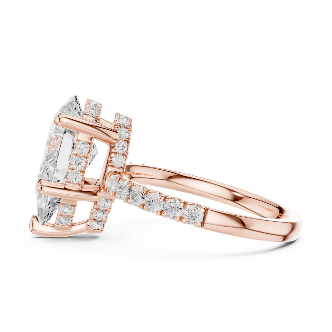 Pear Cut Solitaire Engagement Ring with Double Hidden Halo and Pavé Diamond Band