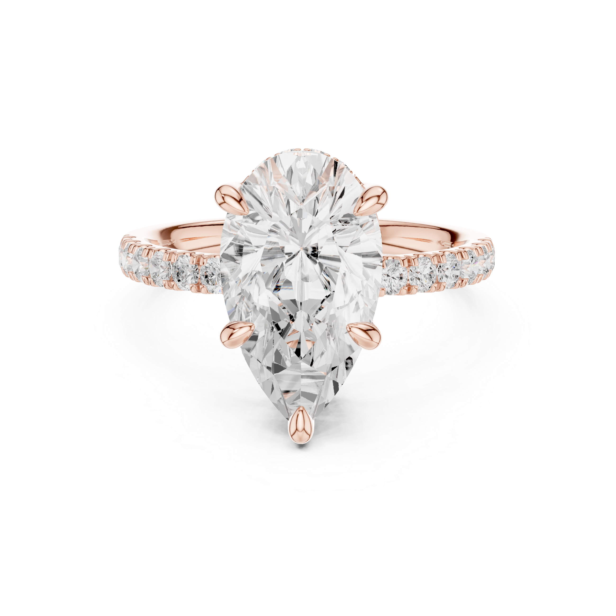 Pear Cut Solitaire Engagement Ring with Double Hidden Halo and Pavé Diamond Band