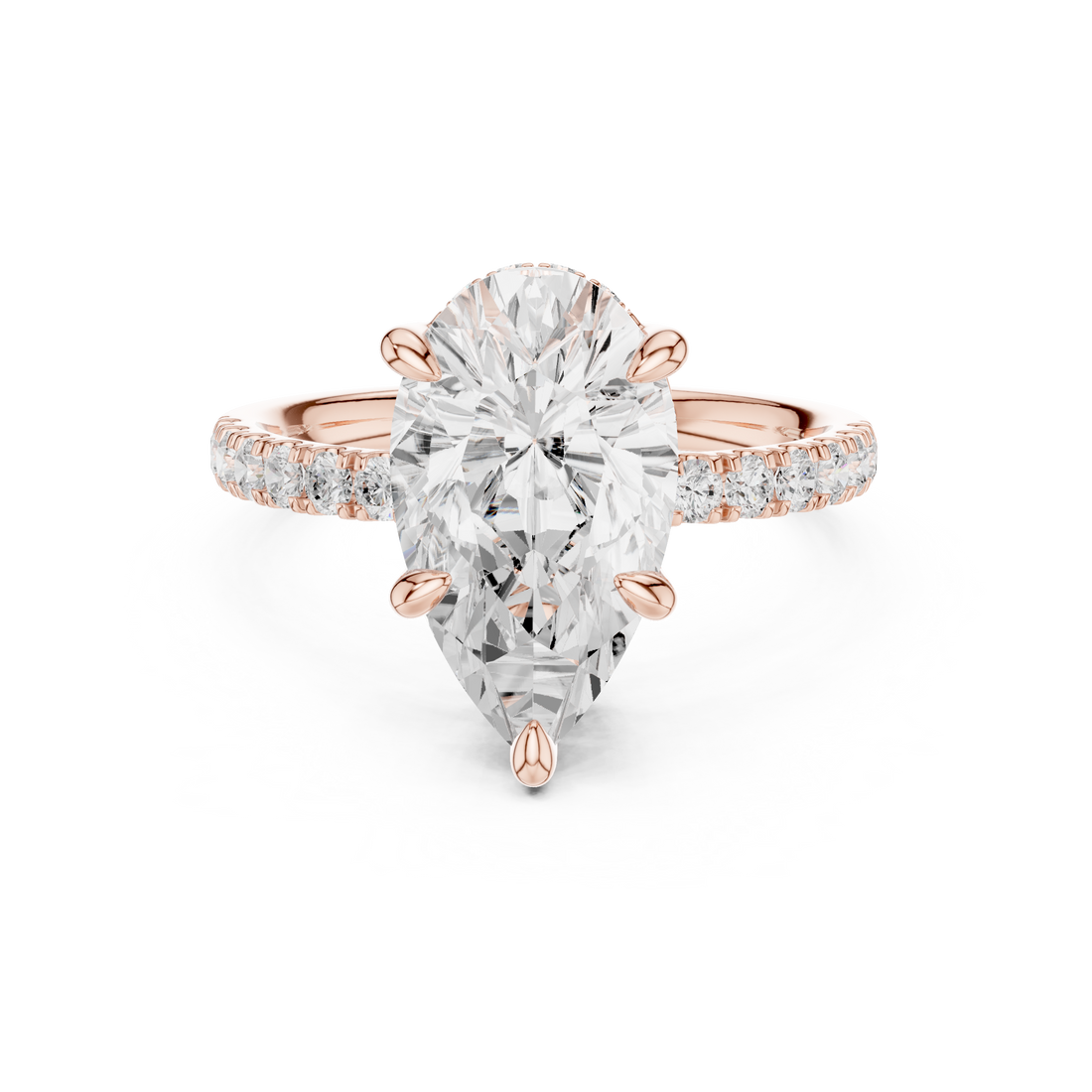 Pear Cut Solitaire Engagement Ring with Double Hidden Halo and Pavé Diamond Band
