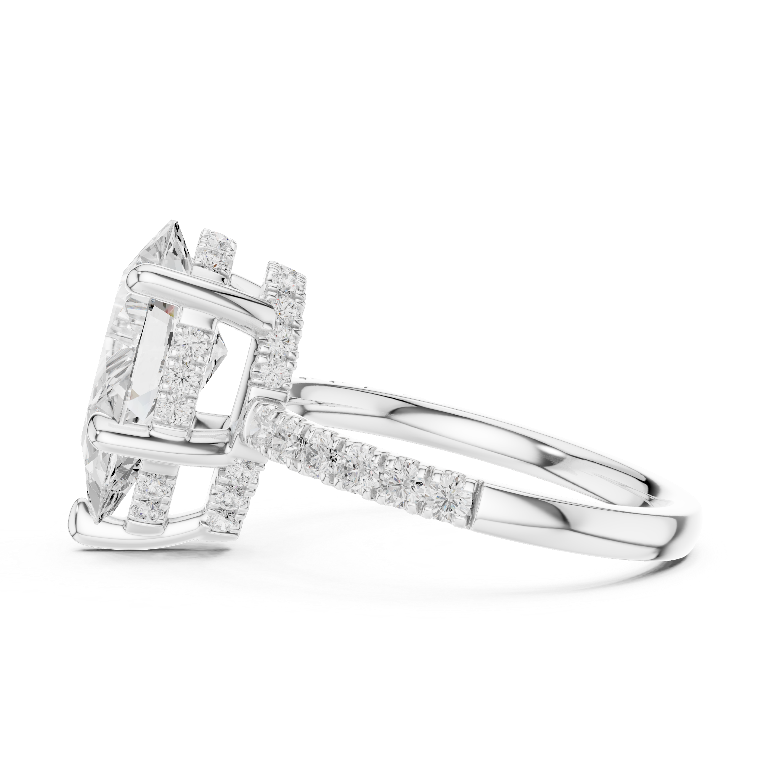 Pear Cut Solitaire Engagement Ring with Double Hidden Halo and Pavé Diamond Band
