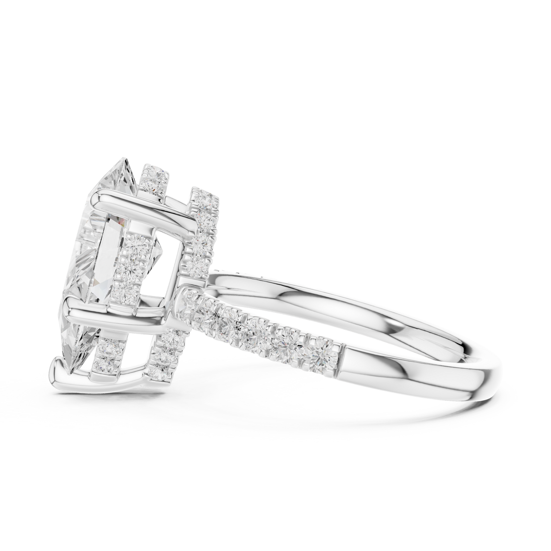 Pear Cut Solitaire Engagement Ring with Double Hidden Halo and Pavé Diamond Band