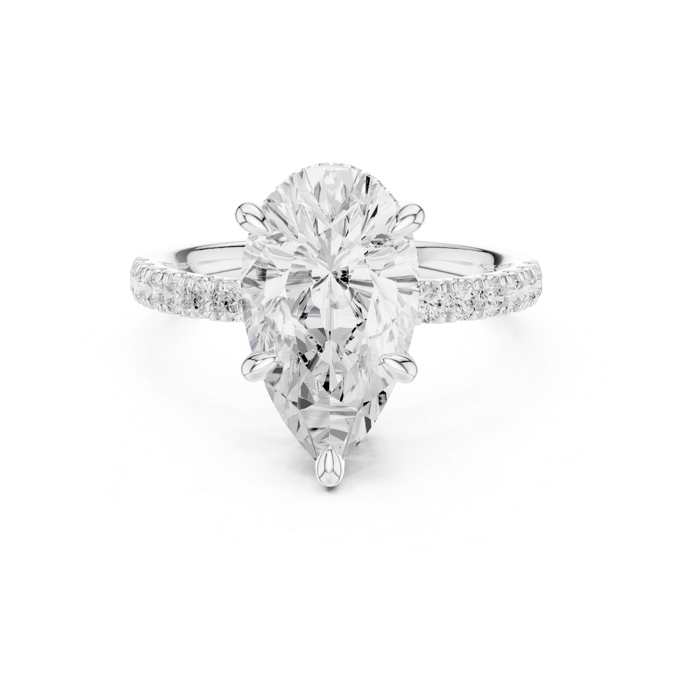Pear Cut Solitaire Engagement Ring with Double Hidden Halo and Pavé Diamond Band