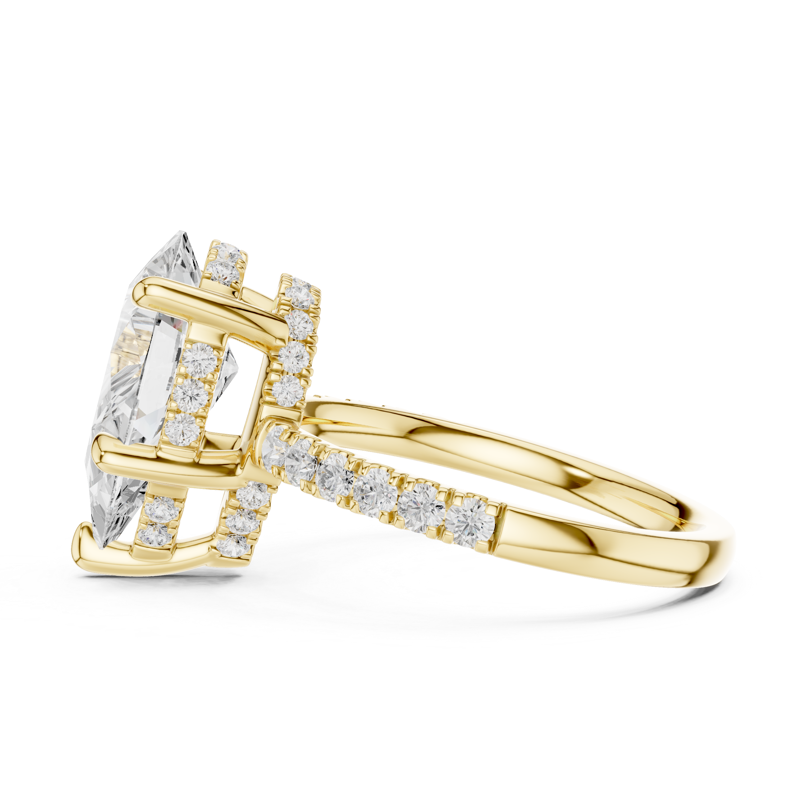 Pear Cut Solitaire Engagement Ring with Double Hidden Halo and Pavé Diamond Band