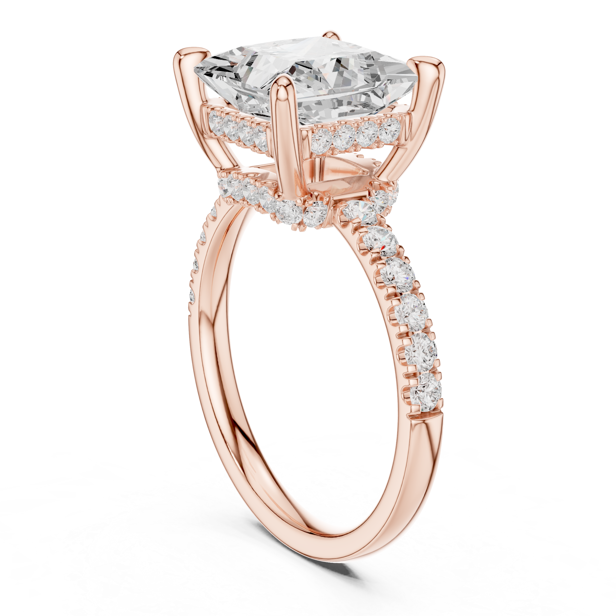 Princess Cut Solitaire Engagement Ring with Double Hidden Halo and Pavé Diamond Band