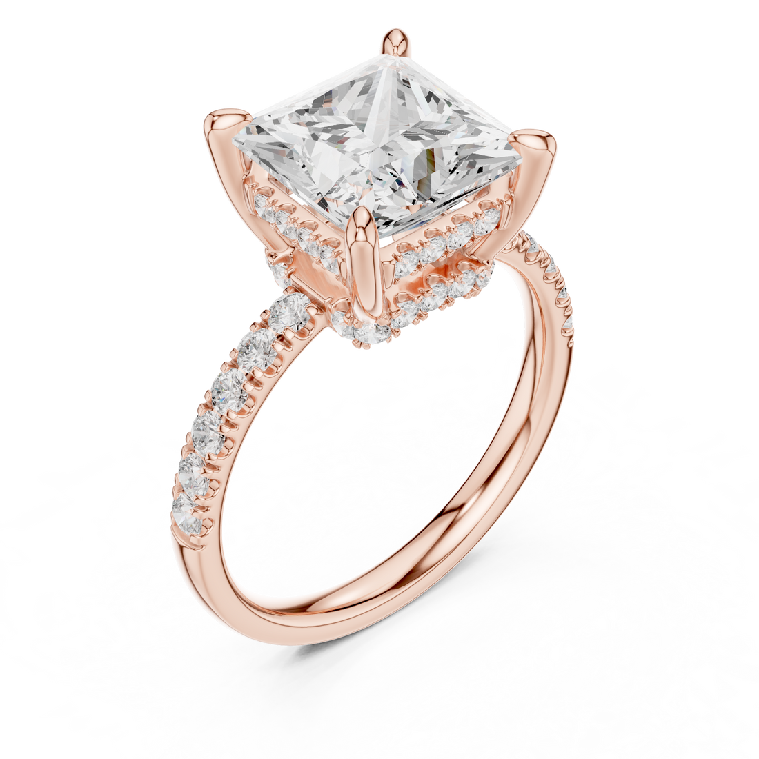 Princess Cut Solitaire Engagement Ring with Double Hidden Halo and Pavé Diamond Band