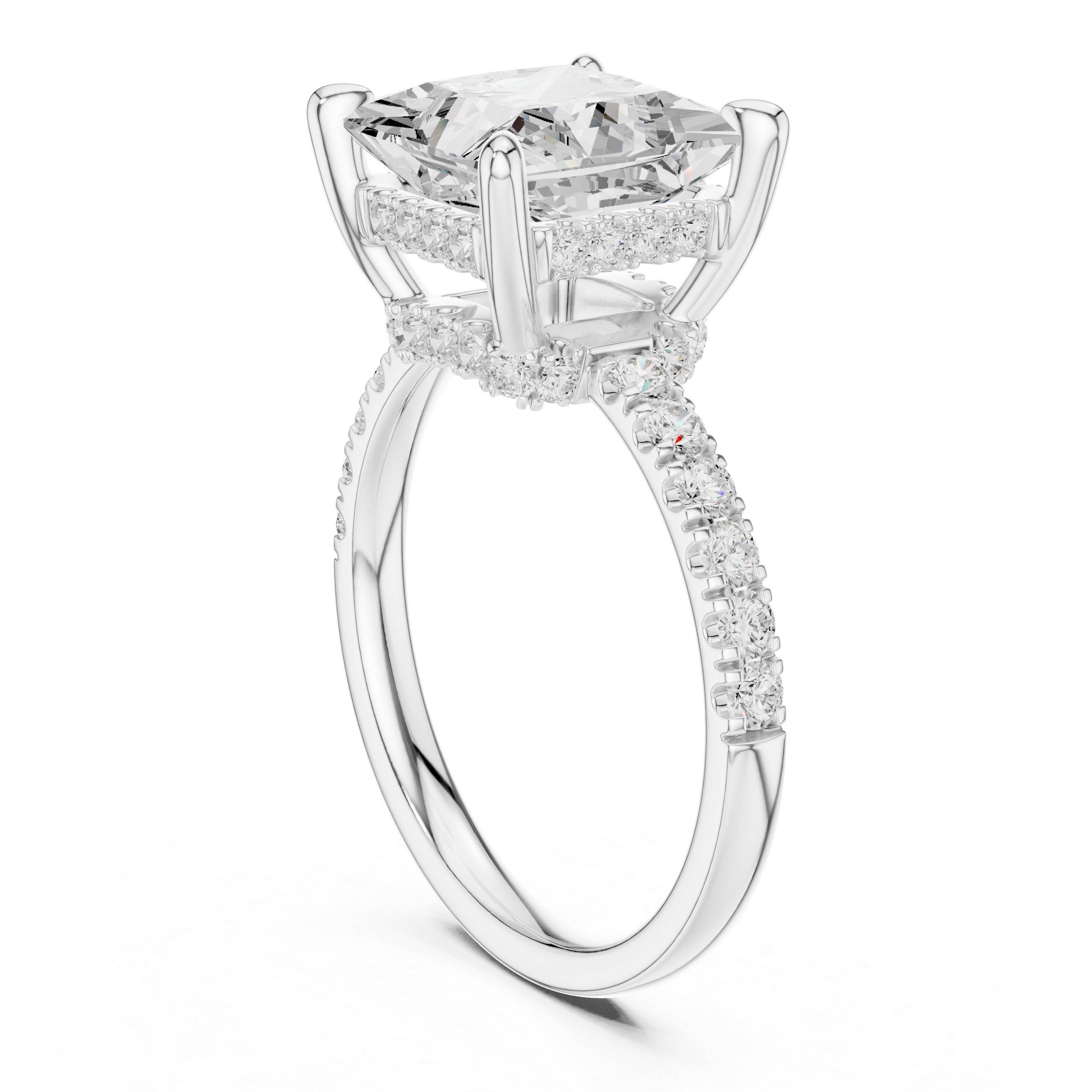 Princess Cut Solitaire Engagement Ring with Double Hidden Halo and Pavé Diamond Band