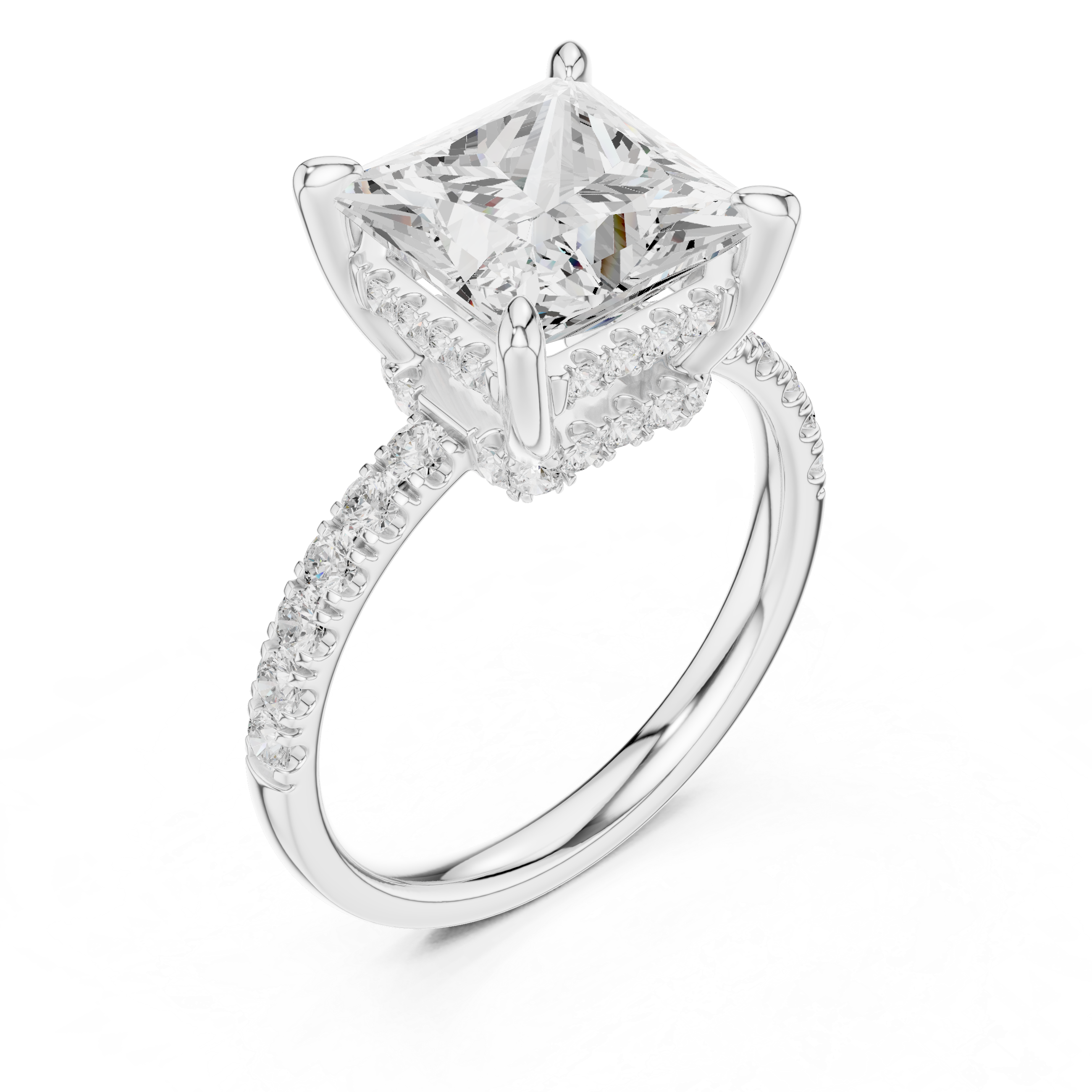 Princess Cut Solitaire Engagement Ring with Double Hidden Halo and Pavé Diamond Band